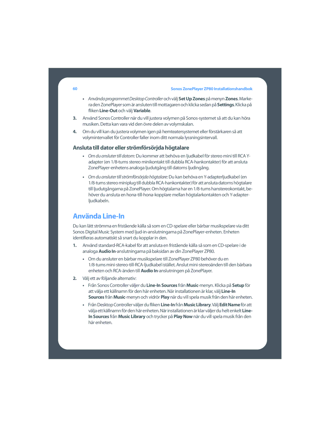 Sonos ZP80 setup guide Använda Line-In, Ansluta till dator eller strömförsörjda högtalare 