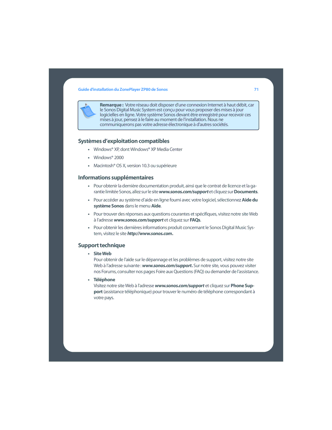 Sonos ZP80 Systèmes d’exploitation compatibles, Informations supplémentaires, Support technique, Site Web Téléphone 