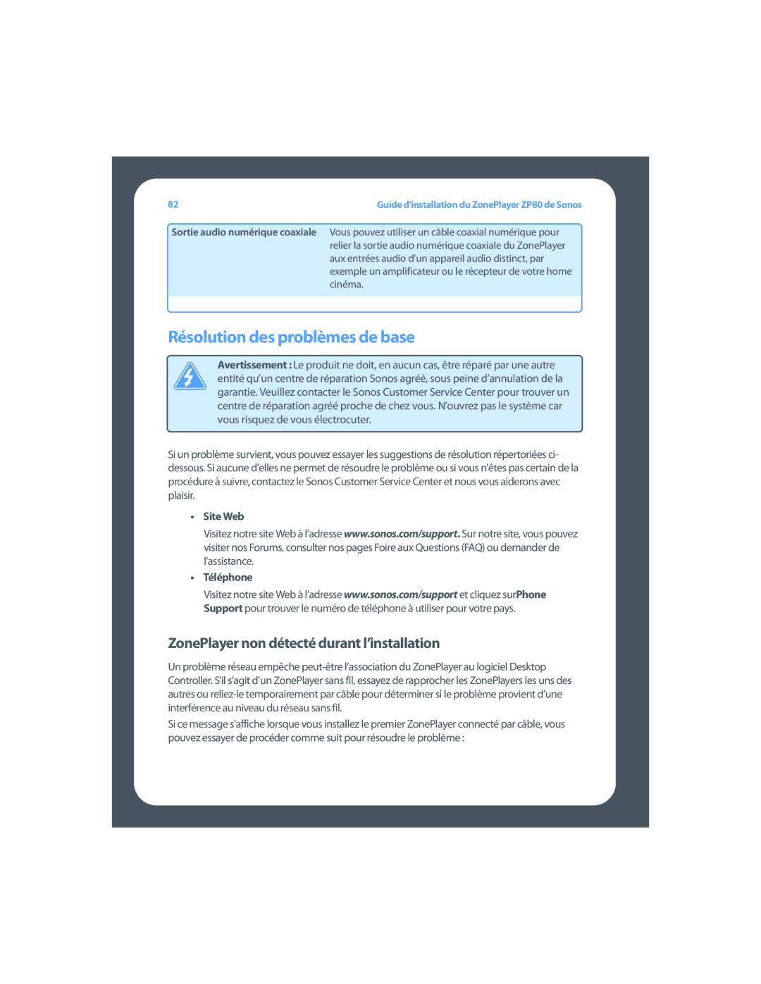 Sonos ZP80 setup guide Résolution des problèmes de base, ZonePlayer non détecté durant l’installation 