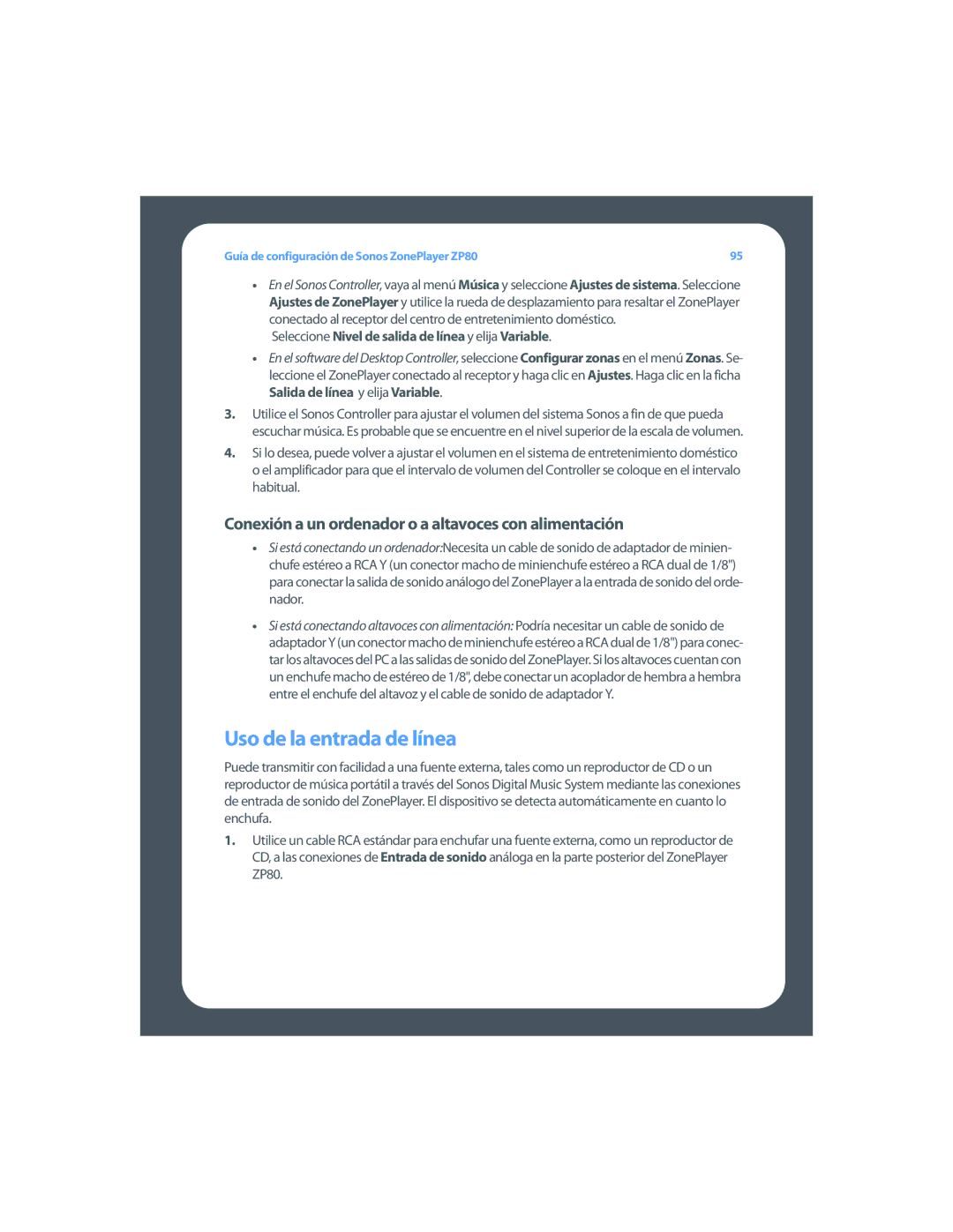 Sonos ZP80 setup guide Uso de la entrada de línea, Conexión a un ordenador o a altavoces con alimentación 