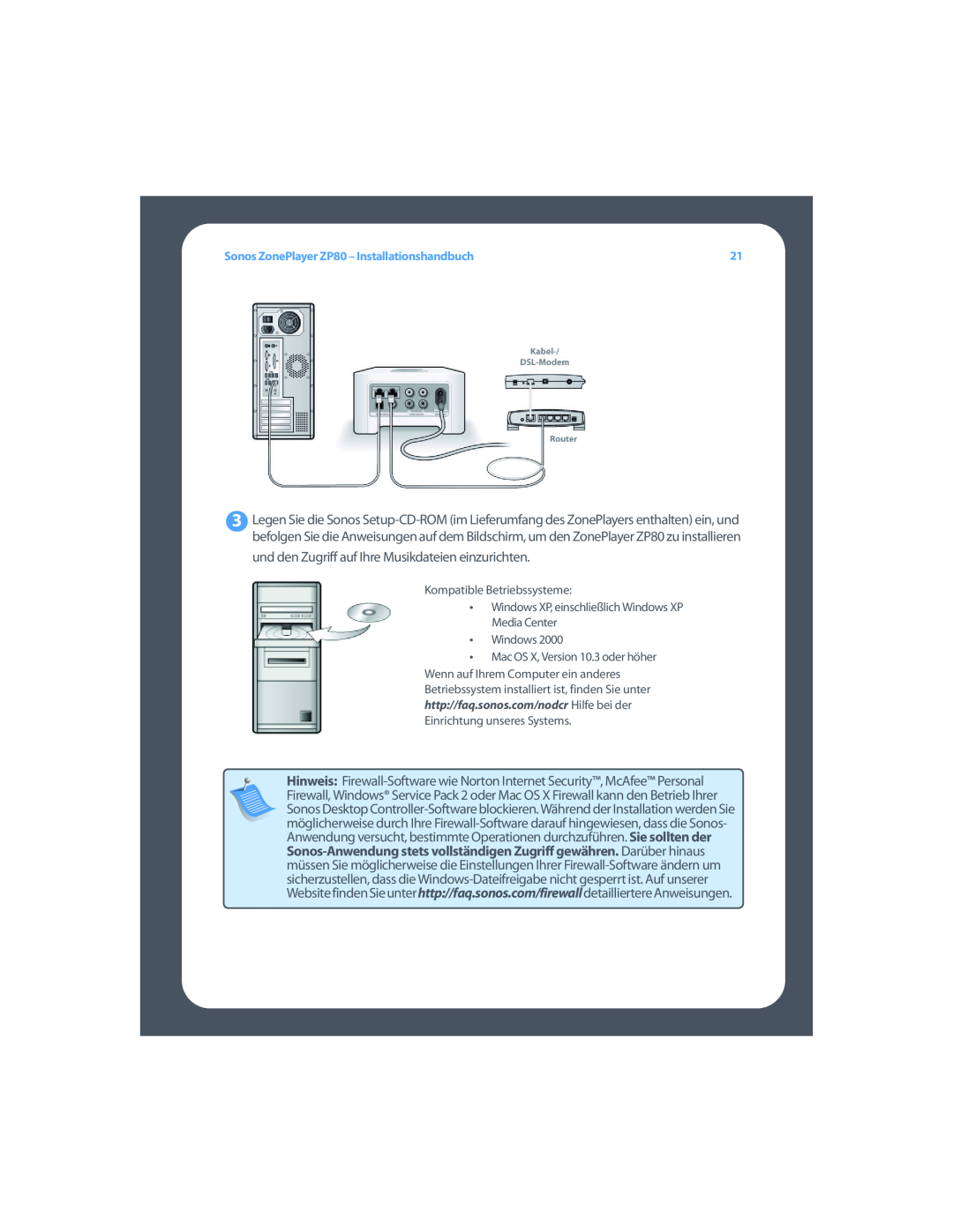 Sonos setup guide Sonos ZonePlayer ZP80 – Installationshandbuch, Kompatible Betriebssysteme, •Windows 