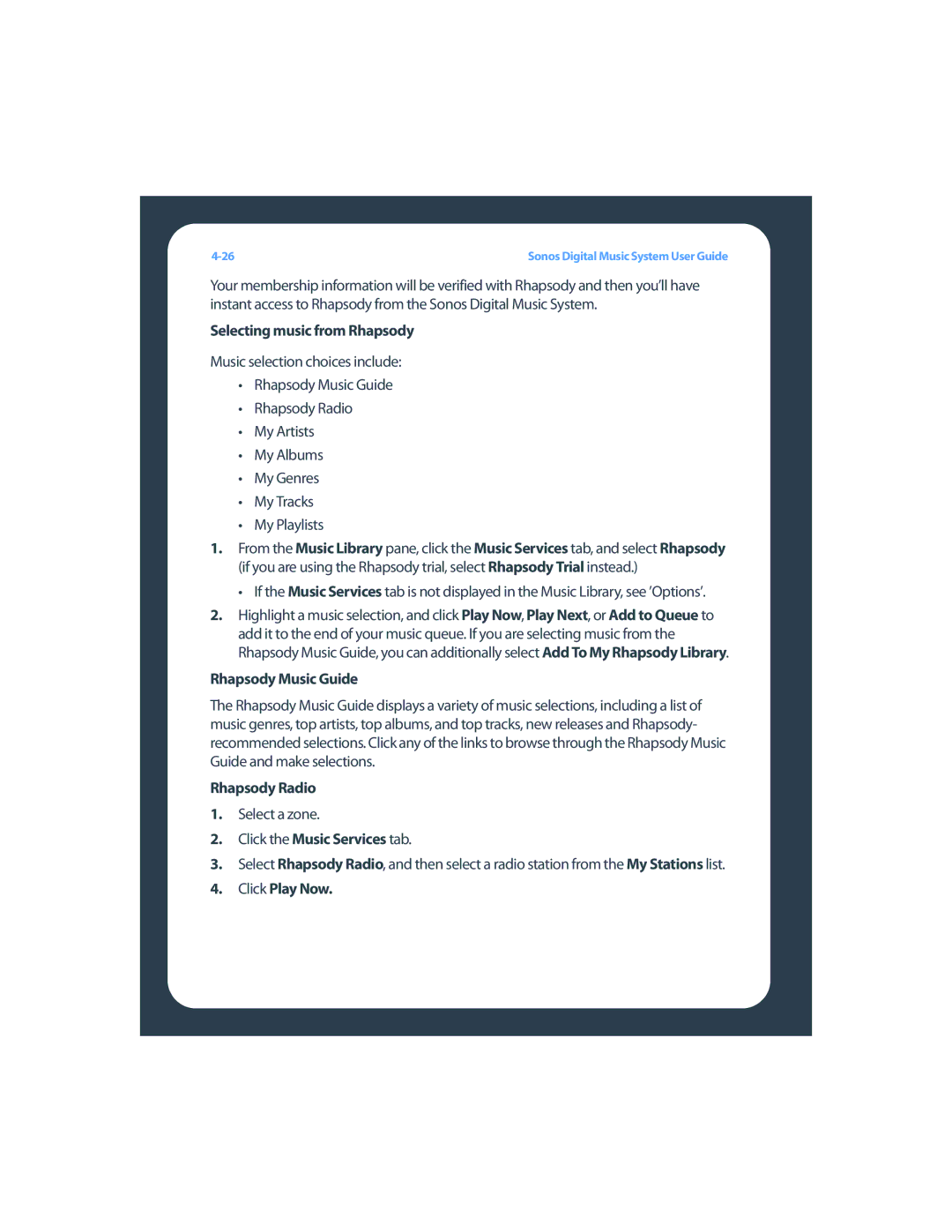 Sonos ZP80F manual Selecting music from Rhapsody, Click the Music Services tab 