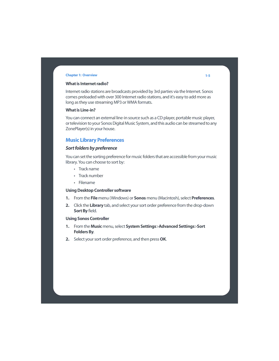 Sonos ZP80F manual Music Library Preferences, Sort folders by preference, What is Internet radio?, What is Line-in? 