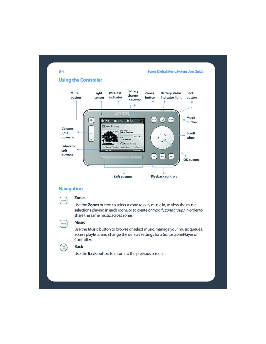 Sonos ZP80F manual Using the Controller, Navigation, Zones, Music, Back 