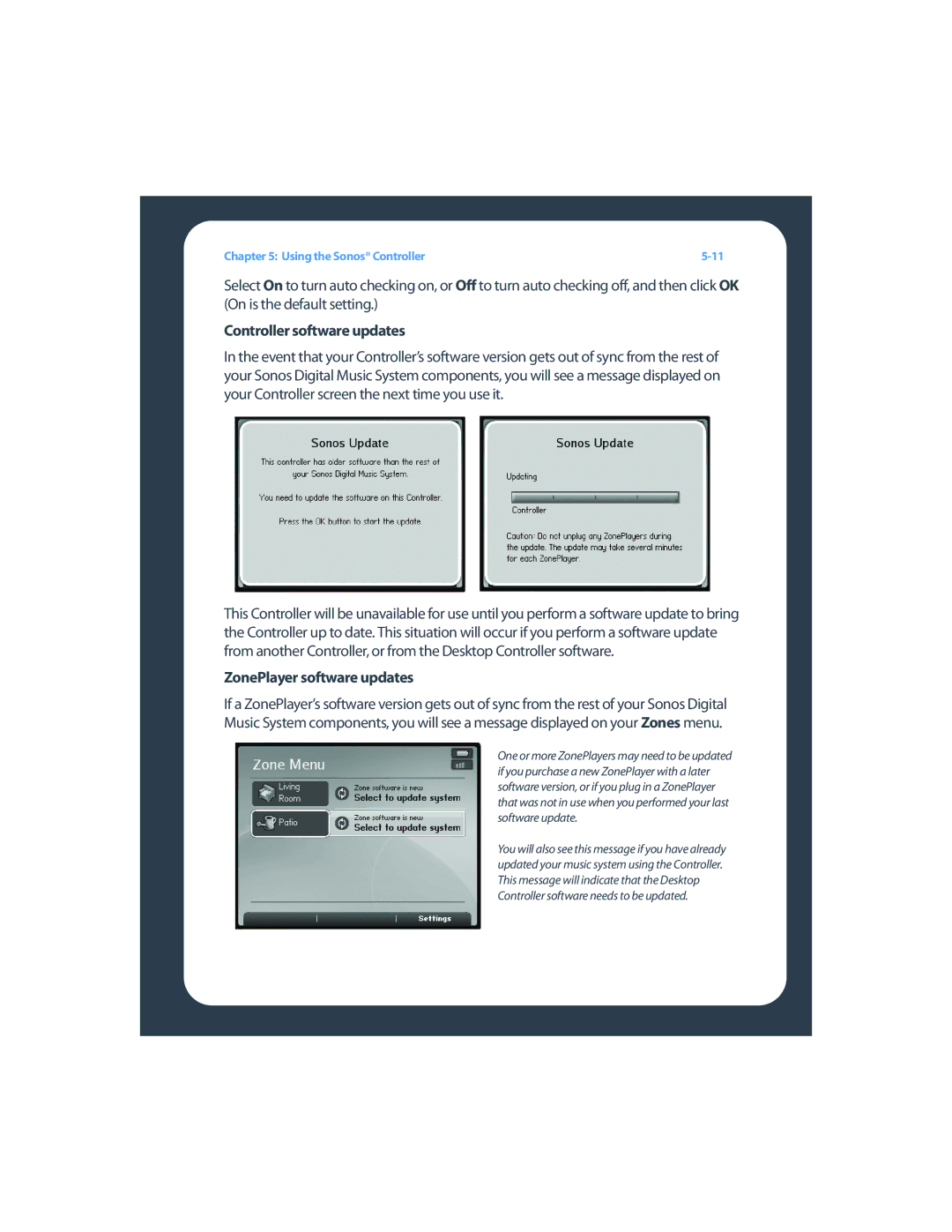 Sonos ZP80F manual Controller software updates, ZonePlayer software updates 