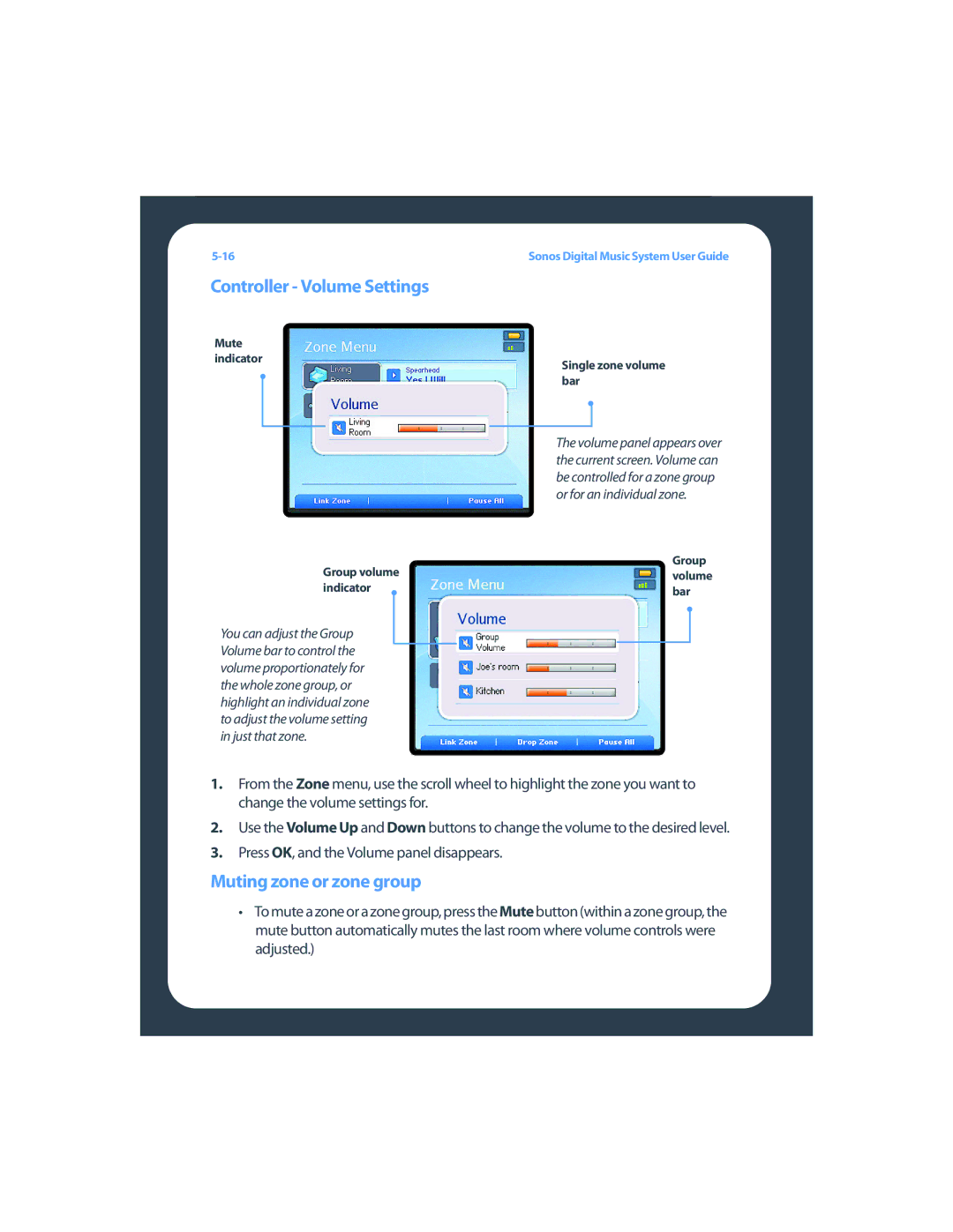 Sonos ZP80F manual Controller Volume Settings, Muting zone or zone group 