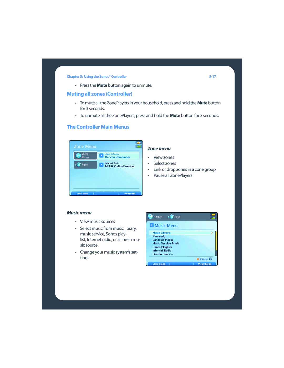 Sonos ZP80F manual Muting all zones Controller, Controller Main Menus, Zone menu, Music menu 