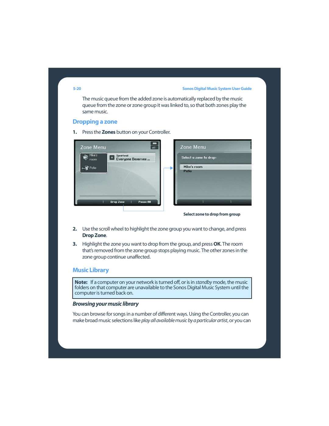 Sonos ZP80F manual Dropping a zone, Music Library, Browsing your music library 