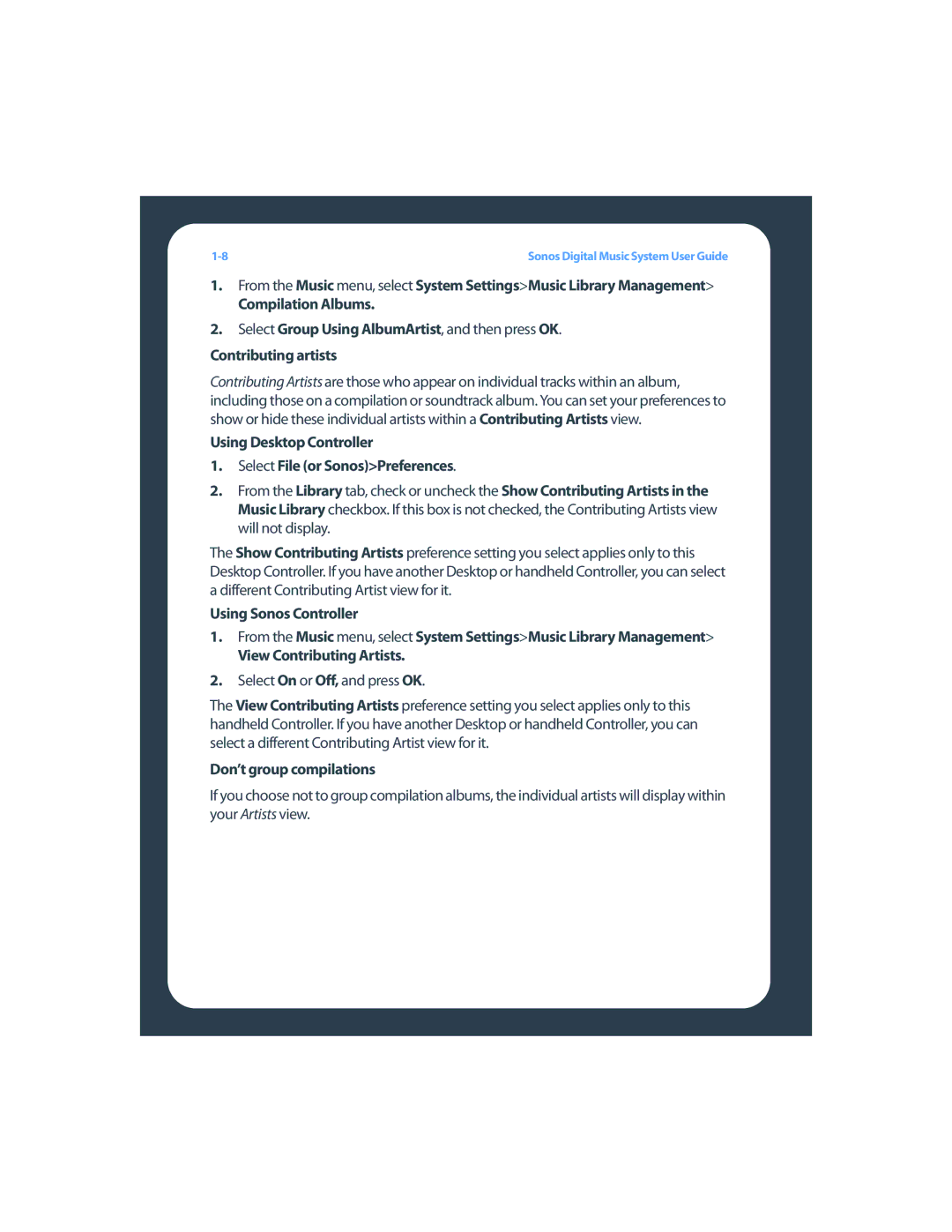 Sonos ZP80F manual Contributing artists, Using Desktop Controller Select File or SonosPreferences, Don’t group compilations 