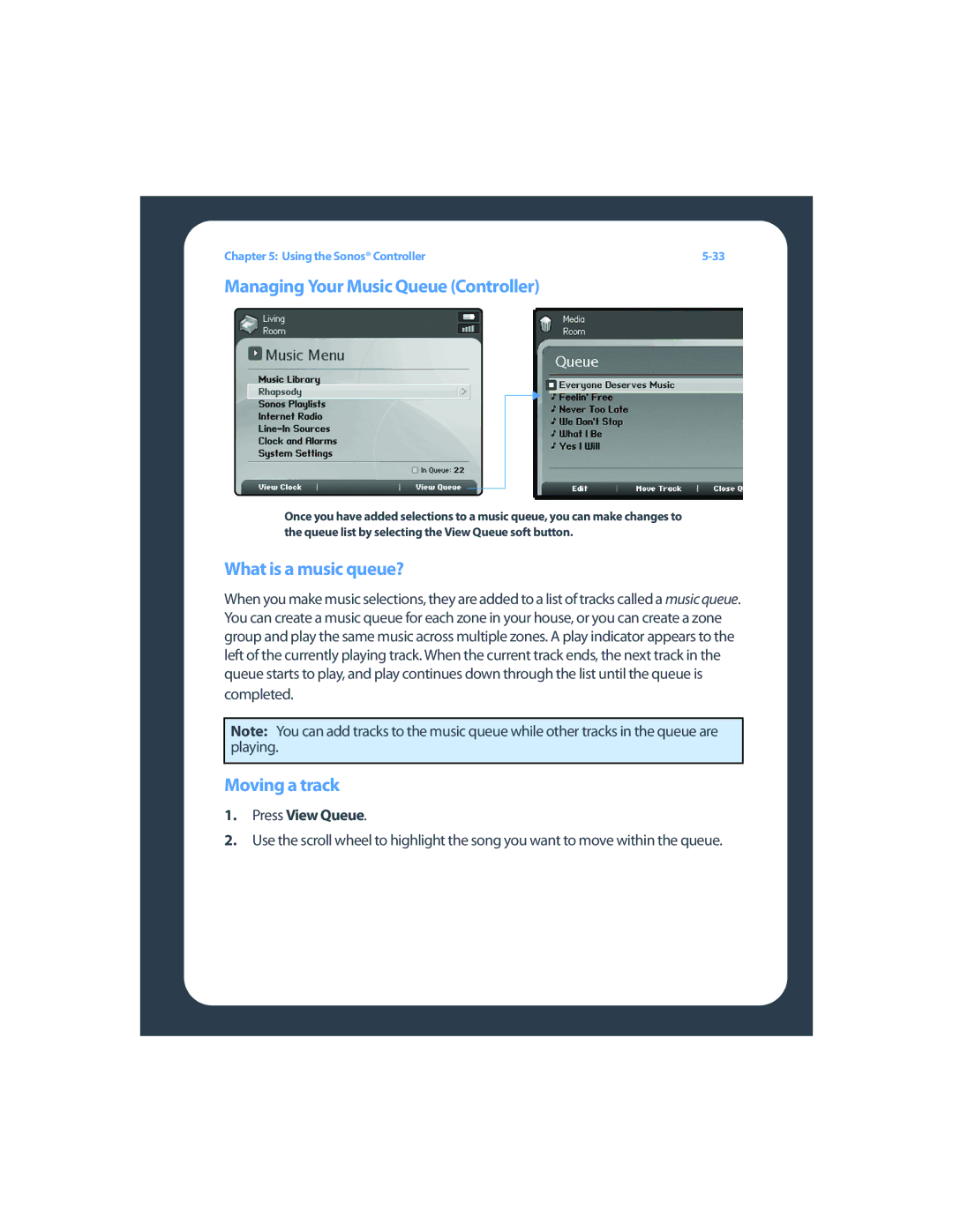 Sonos ZP80F manual Managing Your Music Queue Controller, What is a music queue?, Moving a track, Press View Queue 