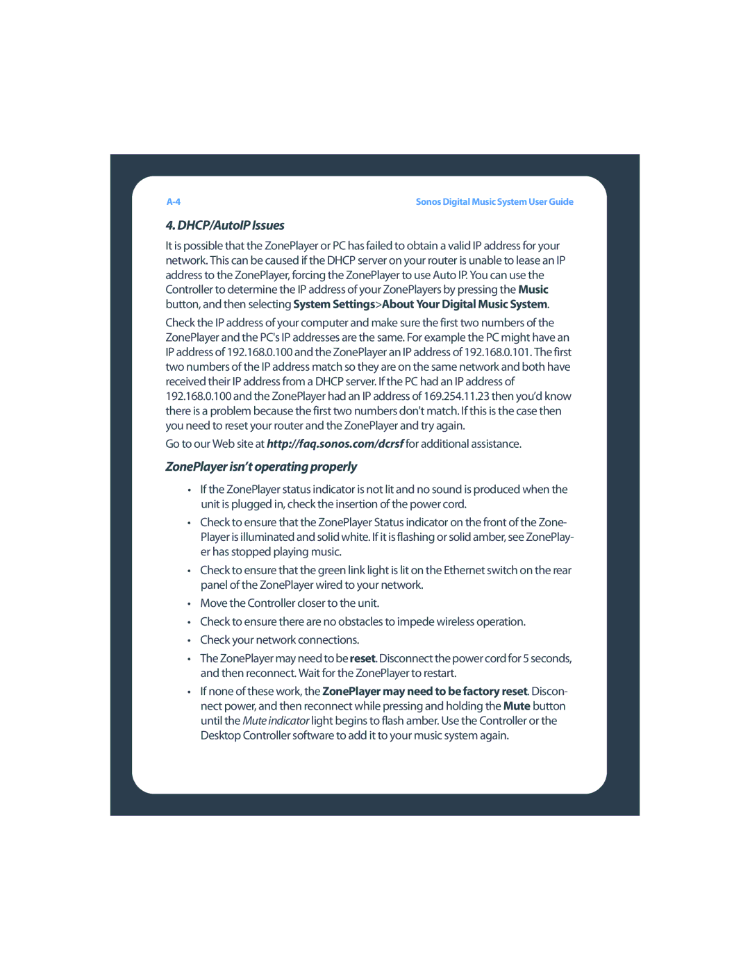 Sonos ZP80F manual DHCP/AutoIP Issues, ZonePlayer isn’t operating properly 