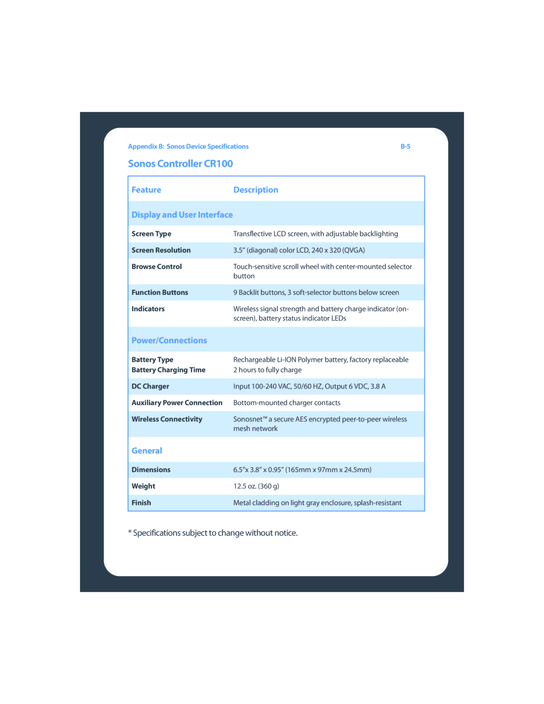 Sonos ZP80F manual Sonos Controller CR100, FeatureDescription Display and User Interface 