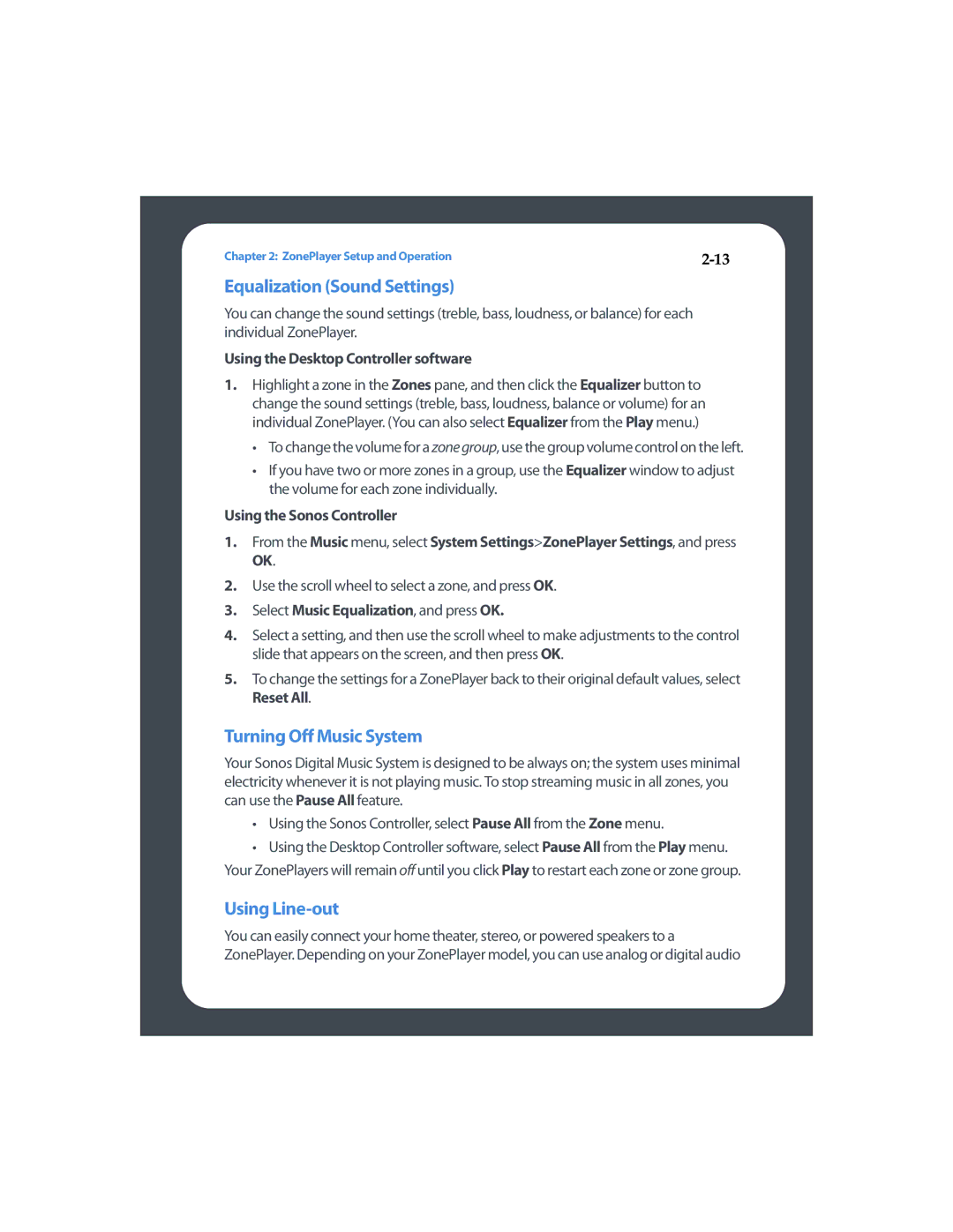 Sonos ZP80F Equalization Sound Settings, Turning Off Music System, Using Line-out, Using the Desktop Controller software 
