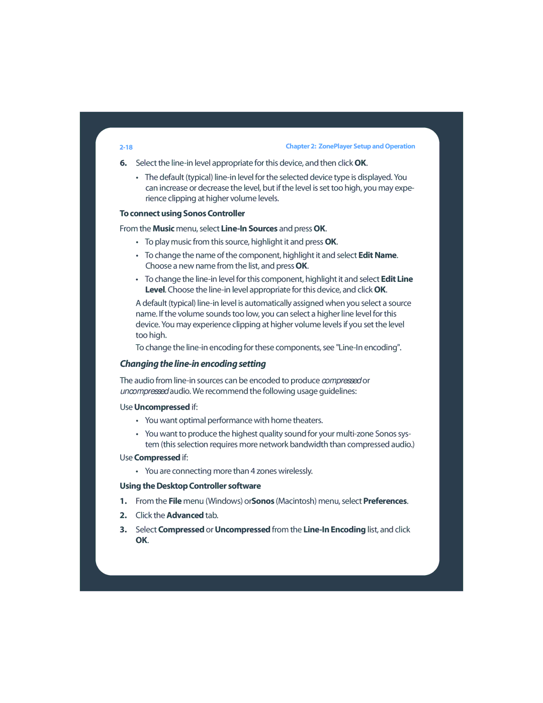Sonos ZP80F manual Changing the line-in encoding setting, To connect using Sonos Controller, Use Uncompressed if 