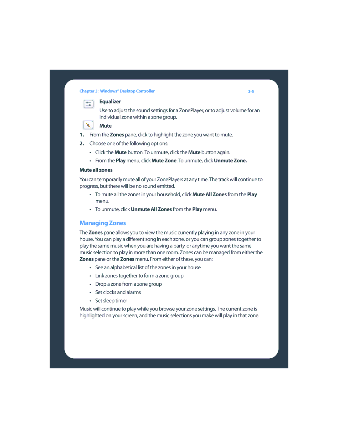 Sonos ZP80F manual Managing Zones, Equalizer, Mute all zones 