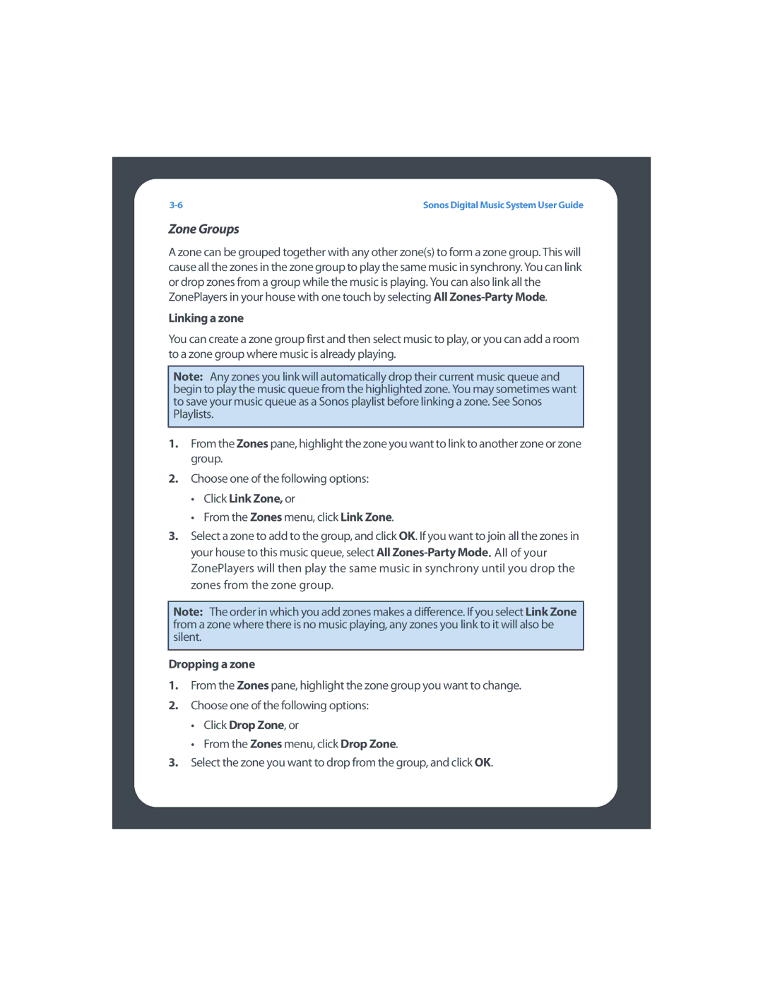 Sonos ZP80F manual Zone Groups, Linking a zone, Click Link Zone, or, Dropping a zone 