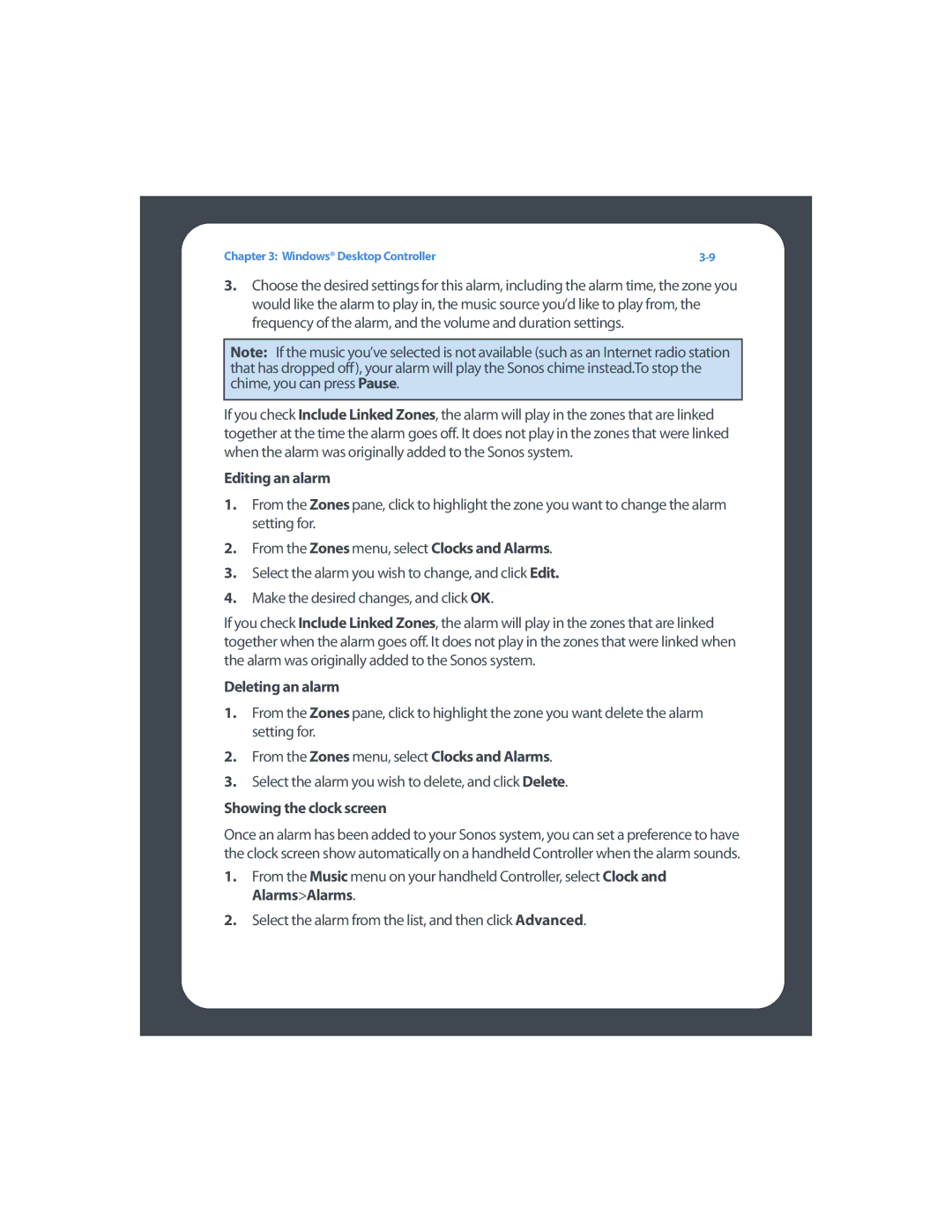 Sonos ZP80F manual Editing an alarm, Deleting an alarm, Showing the clock screen 