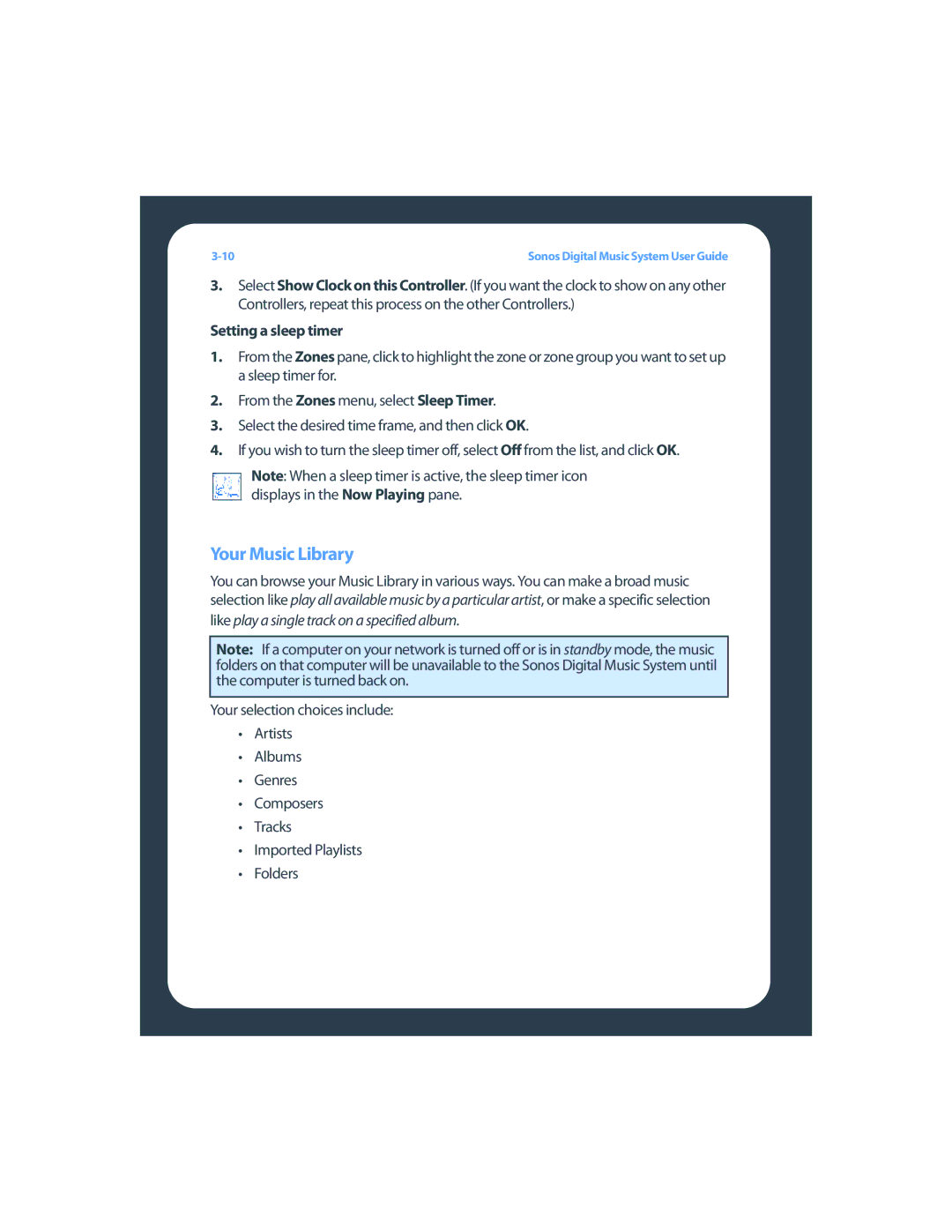 Sonos ZP80F manual Your Music Library, Setting a sleep timer 