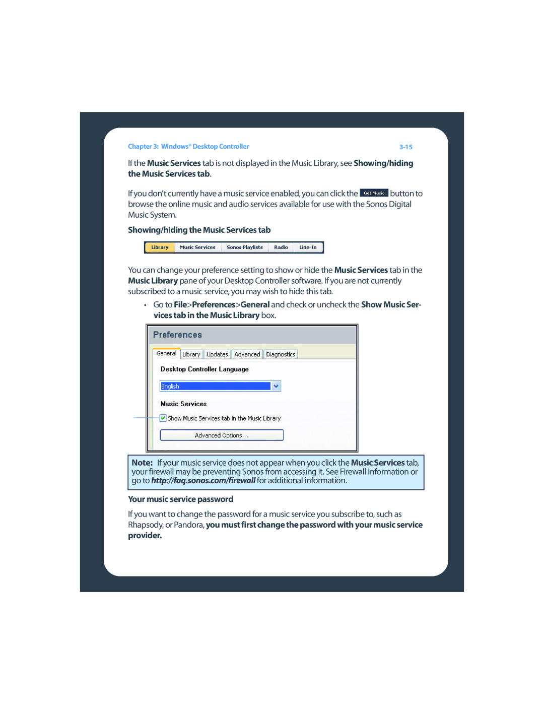 Sonos ZP80F manual Showing/hiding the Music Services tab, Your music service password 