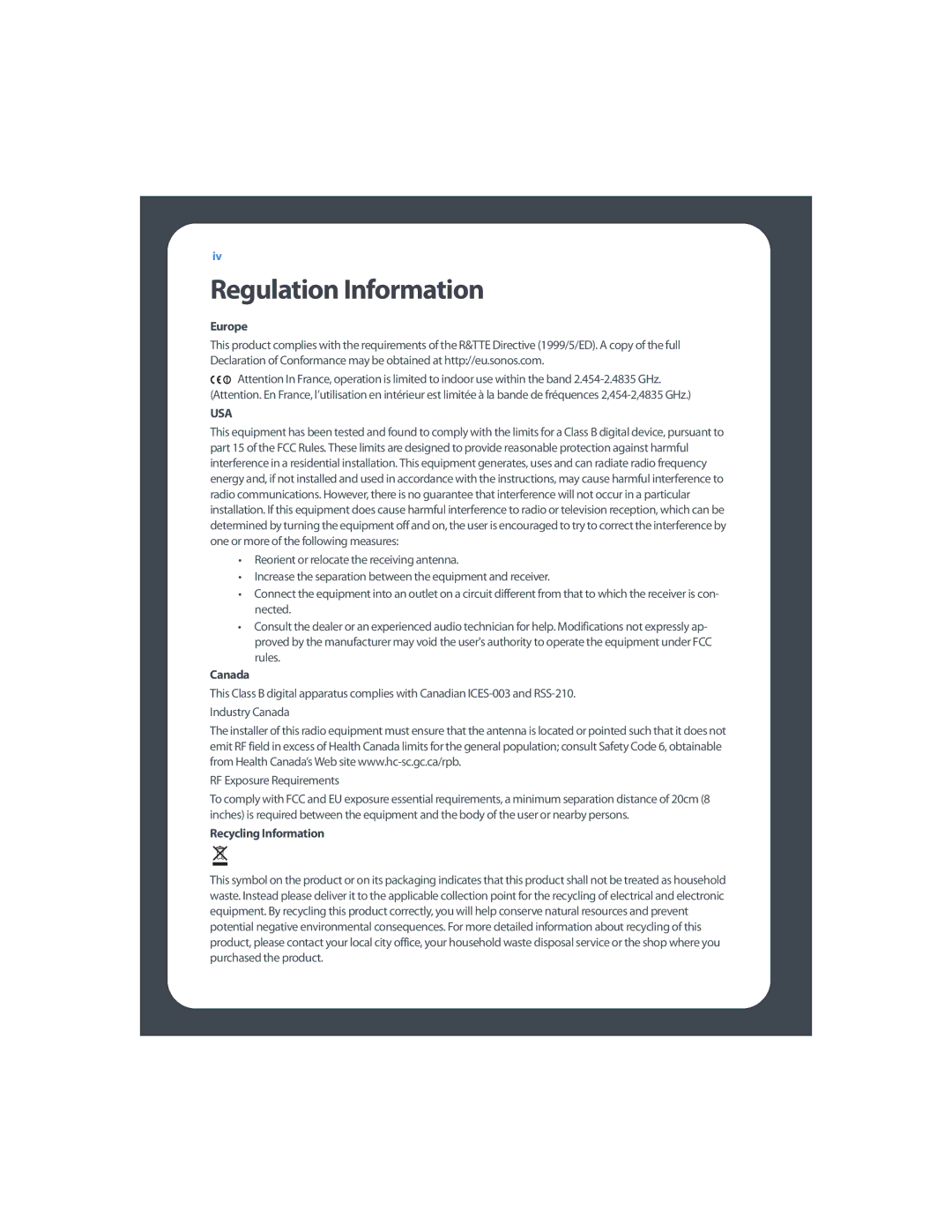 Sonos ZP80F manual Regulation Information 