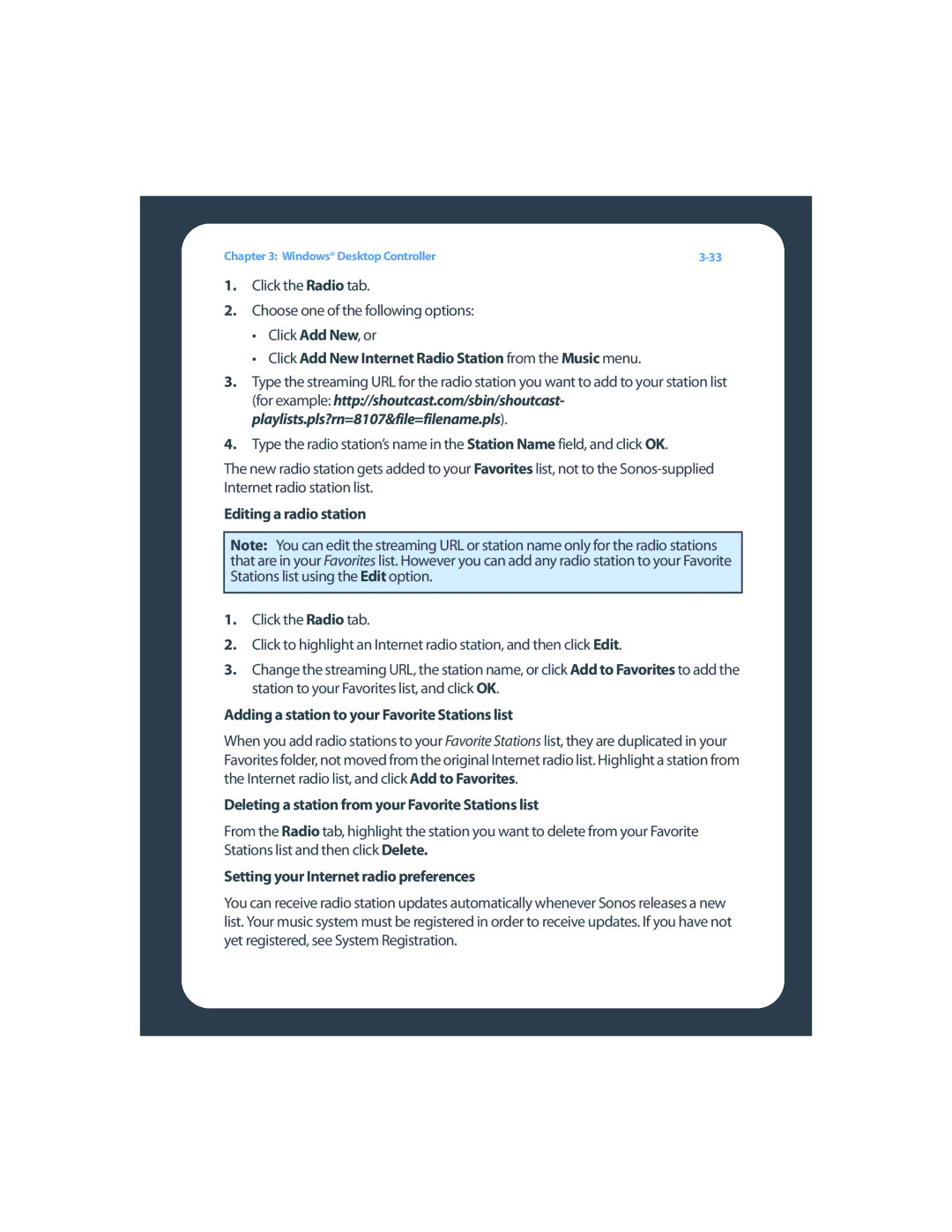 Sonos ZP80F manual Click Add New Internet Radio Station from the Music menu, Editing a radio station 