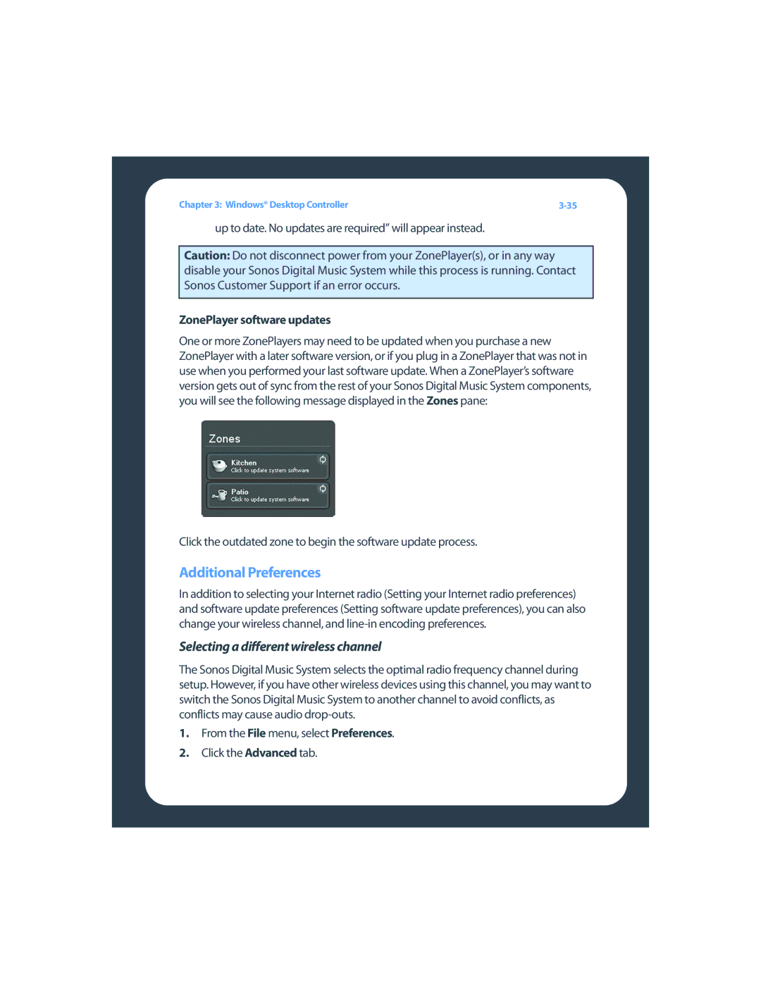 Sonos ZP80F manual Additional Preferences, Selecting a different wireless channel, ZonePlayer software updates 