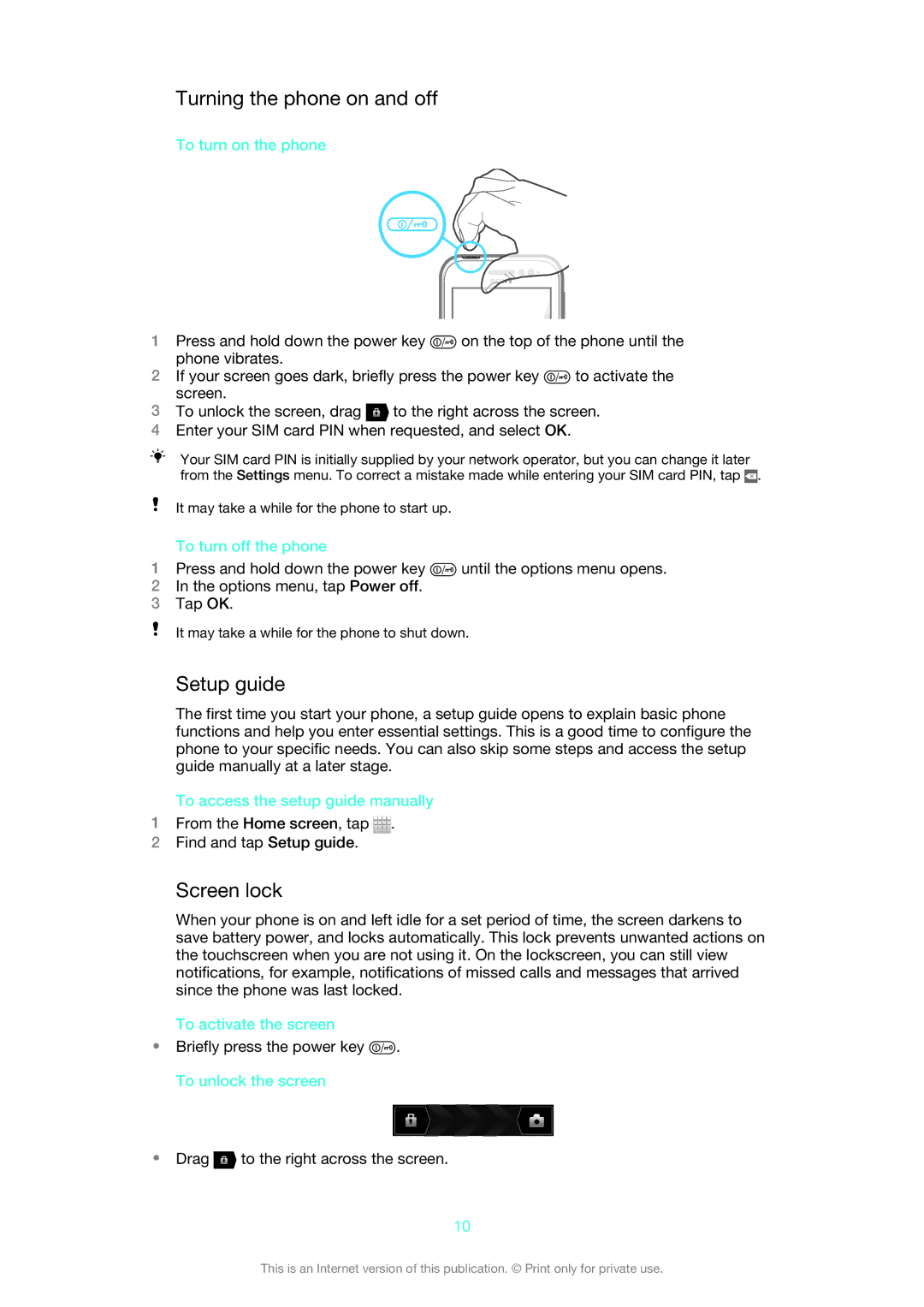 Sony 1264-0774, 1264-0776, 1264-0770 manual Turning the phone on and off, Setup guide, Screen lock 