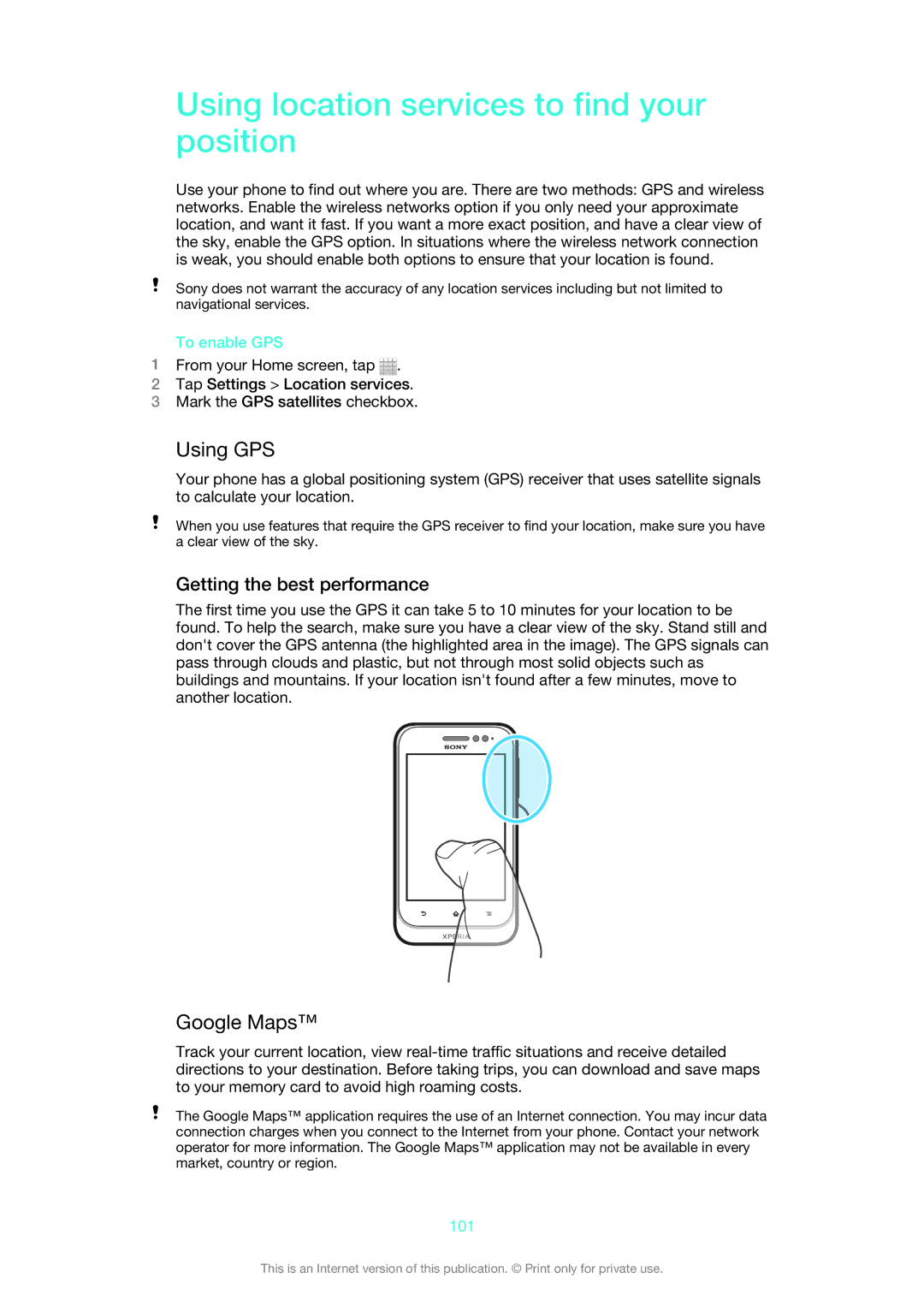 Sony 1264-0770 manual Using location services to find your position, Using GPS, Google Maps, Getting the best performance 