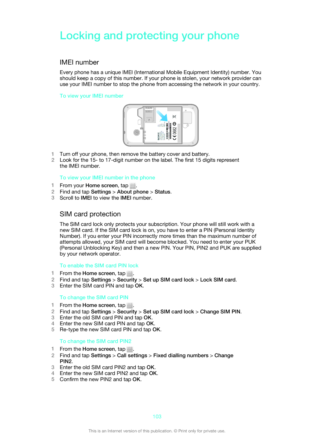 Sony 1264-0774, 1264-0776, 1264-0770 manual Locking and protecting your phone, Imei number, SIM card protection 