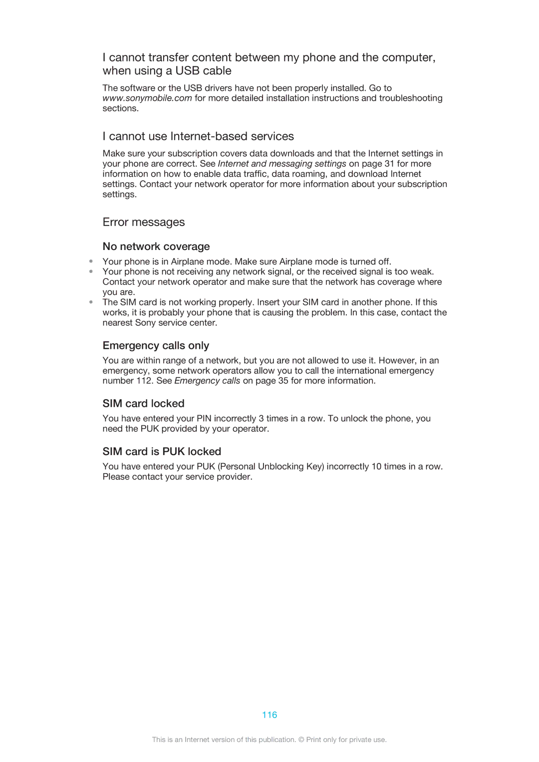 Sony 1264-0770 manual Error messages, No network coverage, Emergency calls only, SIM card locked, SIM card is PUK locked 