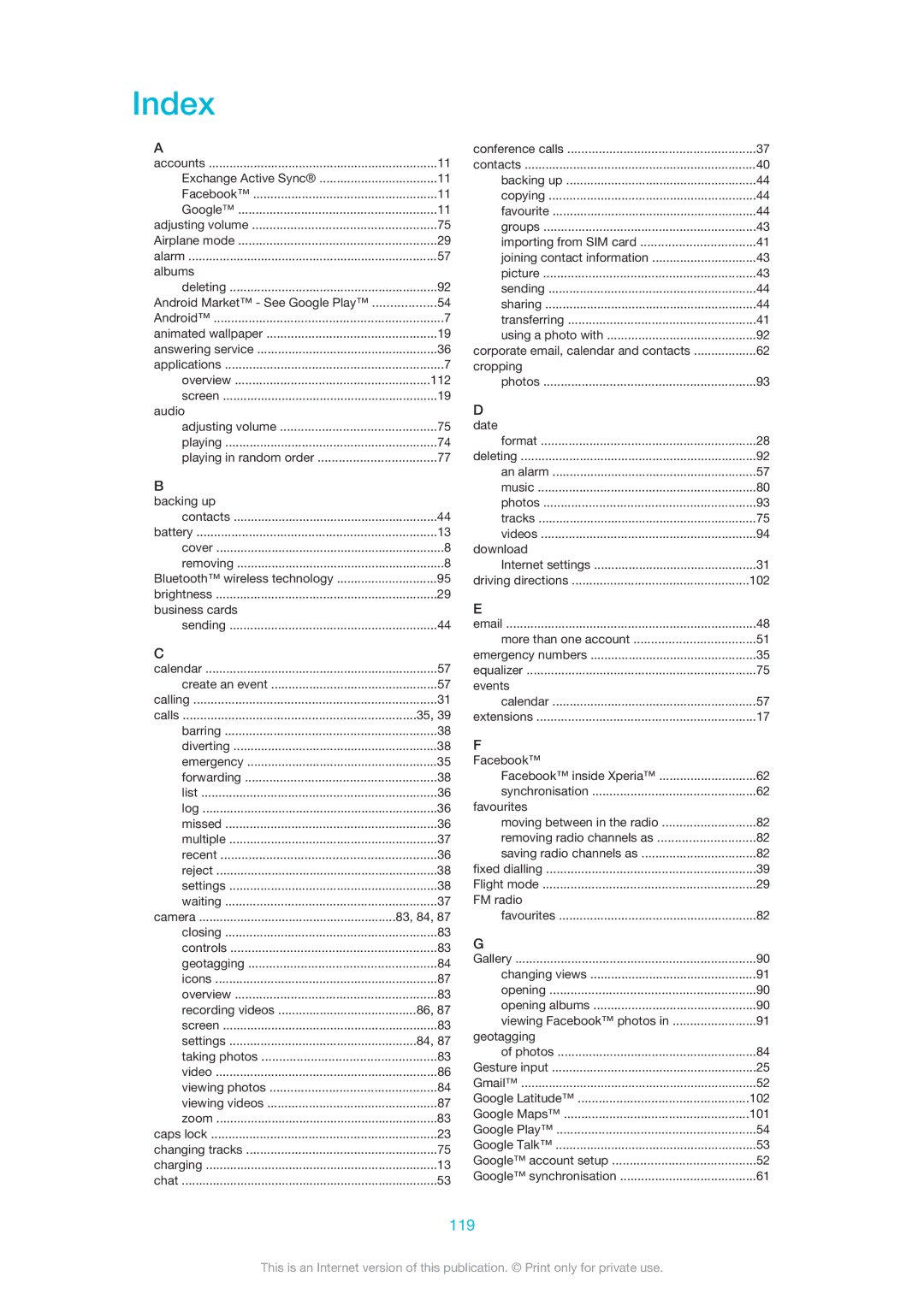 Sony 1264-0770, 1264-0776, 1264-0774 manual Index, 119 