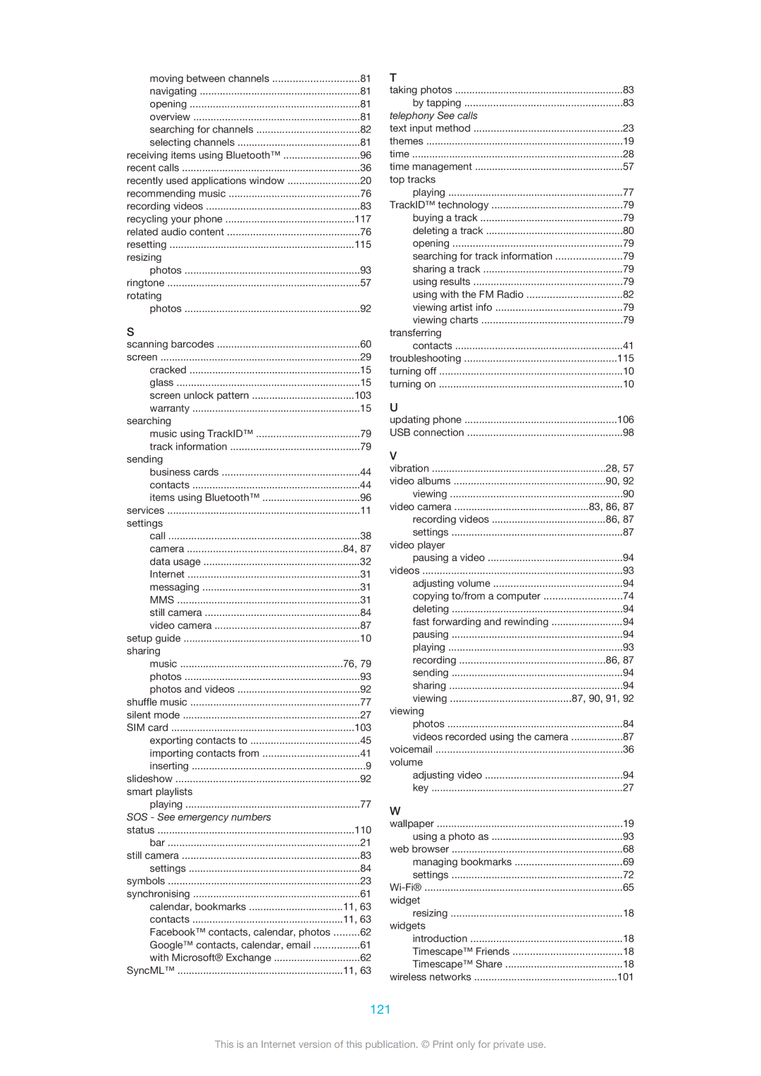 Sony 1264-0774, 1264-0776, 1264-0770 manual 121, SOS See emergency numbers 