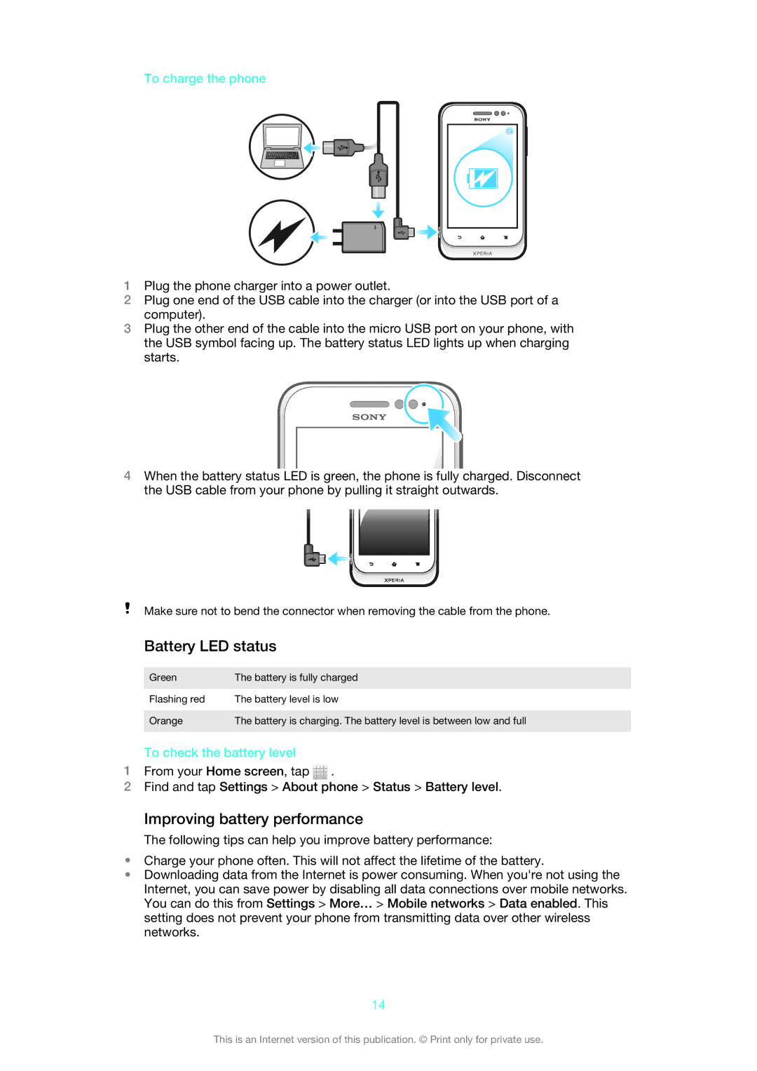 Sony 1264-0770 manual Battery LED status, Improving battery performance, To charge the phone, To check the battery level 