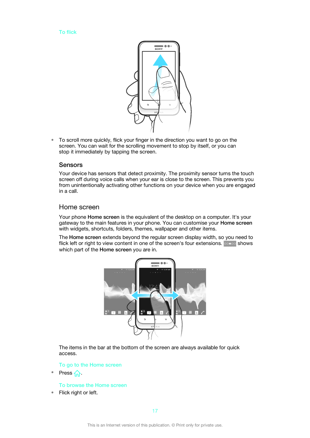 Sony 1264-0770, 1264-0776, 1264-0774 manual Sensors, To flick, To go to the Home screen, To browse the Home screen 