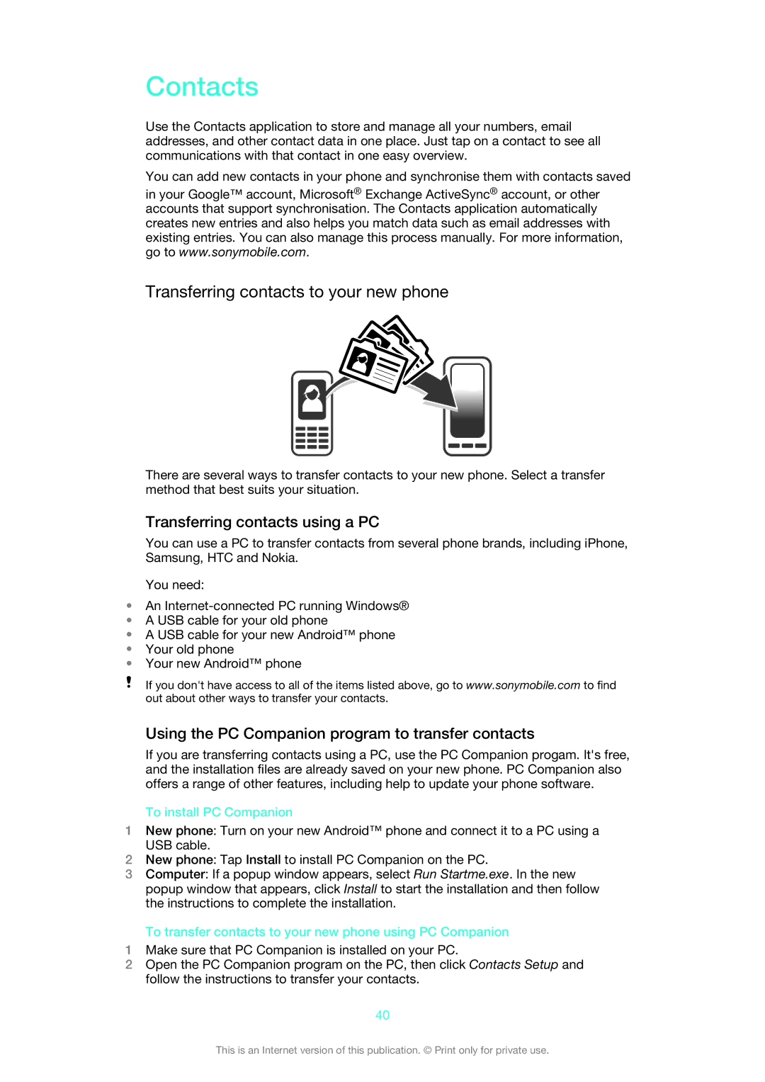 Sony 1264-0774, 1264-0776, 1264-0770 Contacts, Transferring contacts to your new phone, Transferring contacts using a PC 