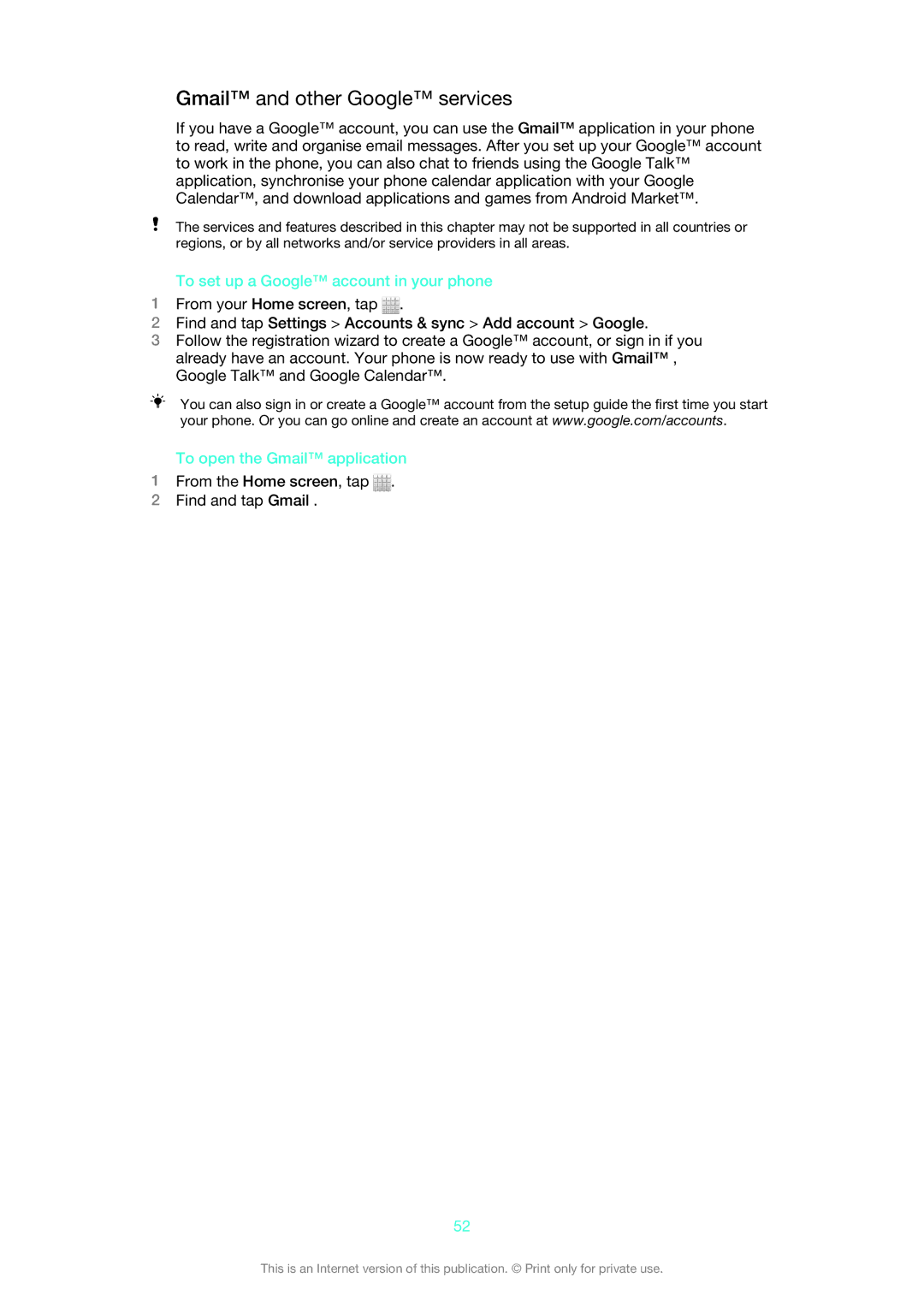 Sony 1264-0774 Gmail and other Google services, To set up a Google account in your phone, To open the Gmail application 