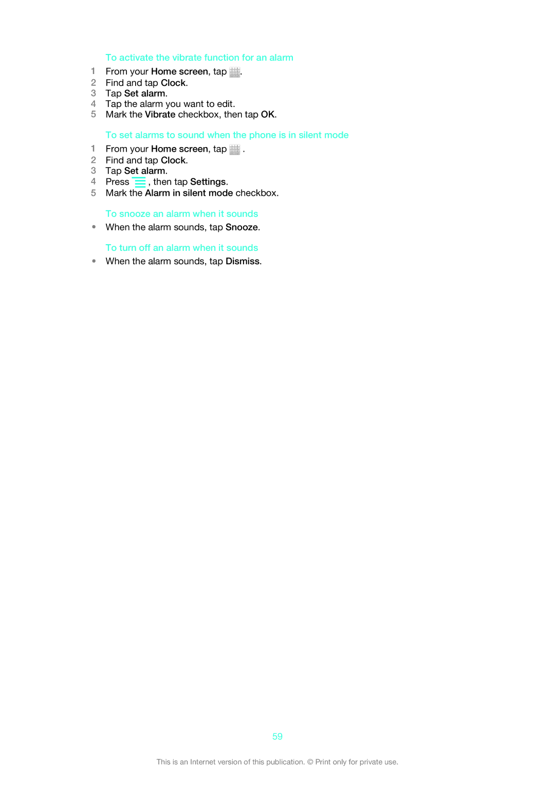 Sony 1264-0770 To activate the vibrate function for an alarm, To set alarms to sound when the phone is in silent mode 