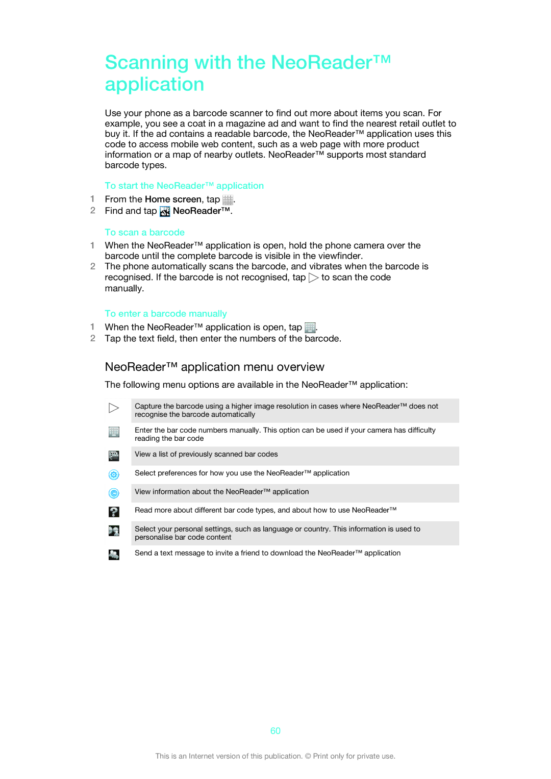 Sony 1264-0776, 1264-0774 Scanning with the NeoReader application, NeoReader application menu overview, To scan a barcode 