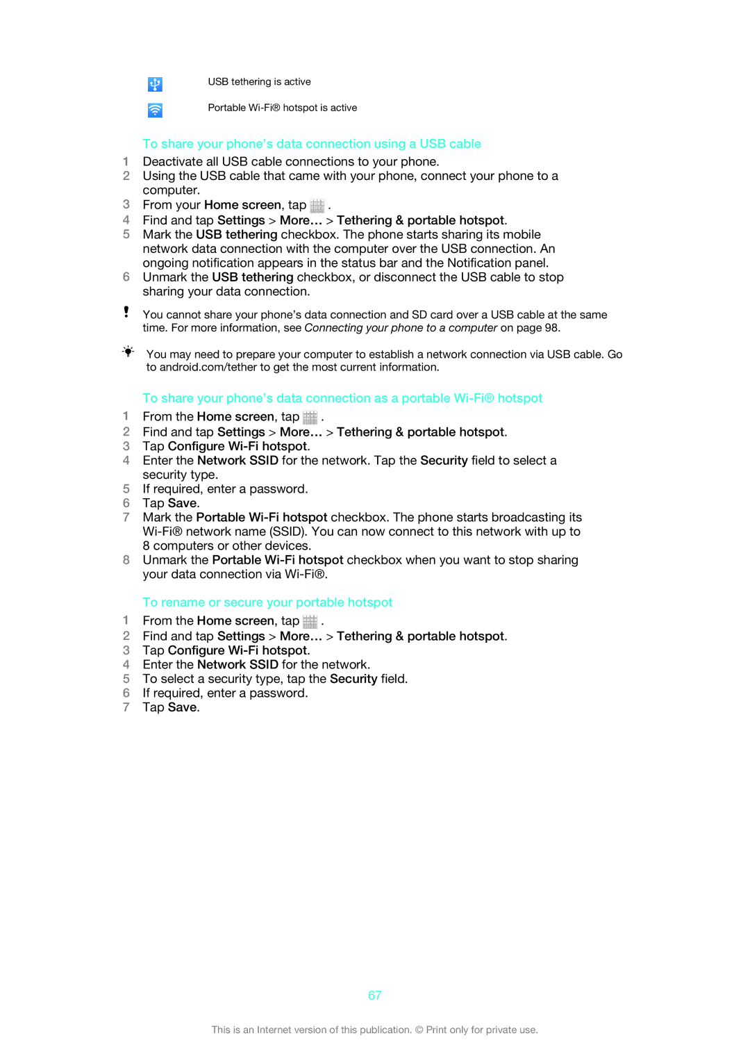 Sony 1264-0774 manual To share your phone’s data connection using a USB cable, To rename or secure your portable hotspot 