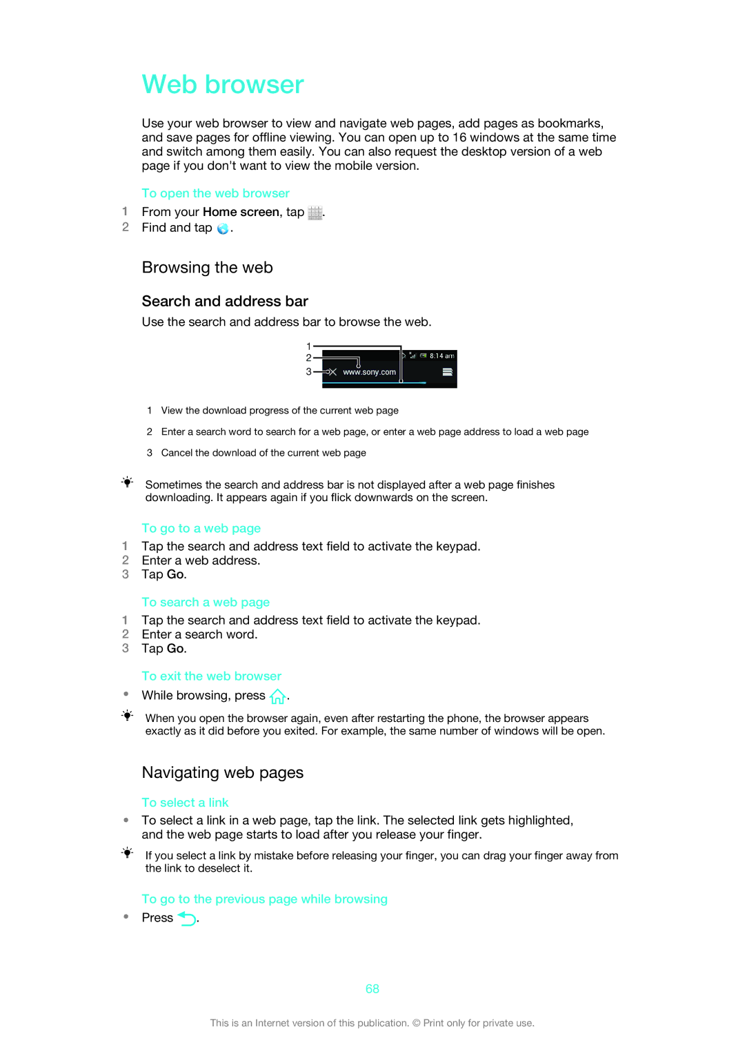 Sony 1264-0770, 1264-0776, 1264-0774 manual Web browser, Browsing the web, Navigating web pages, Search and address bar 