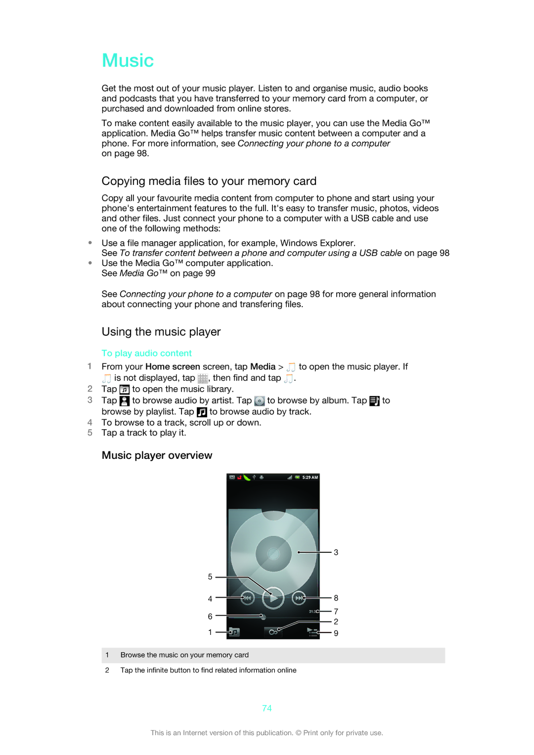 Sony 1264-0770, 1264-0776 manual Copying media files to your memory card, Using the music player, Music player overview 