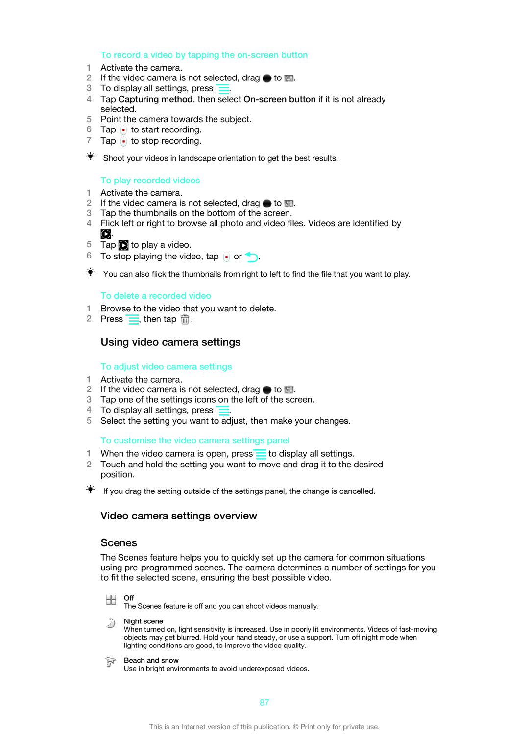 Sony 1264-0776, 1264-0774, 1264-0770 manual Using video camera settings, Video camera settings overview Scenes 