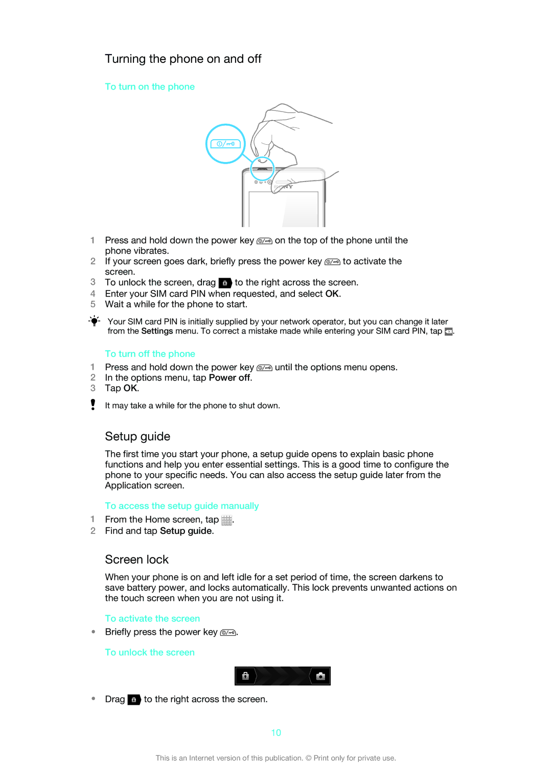 Sony 1265-2575, 1265-2574, 1265-2576 manual Turning the phone on and off, Setup guide, Screen lock 