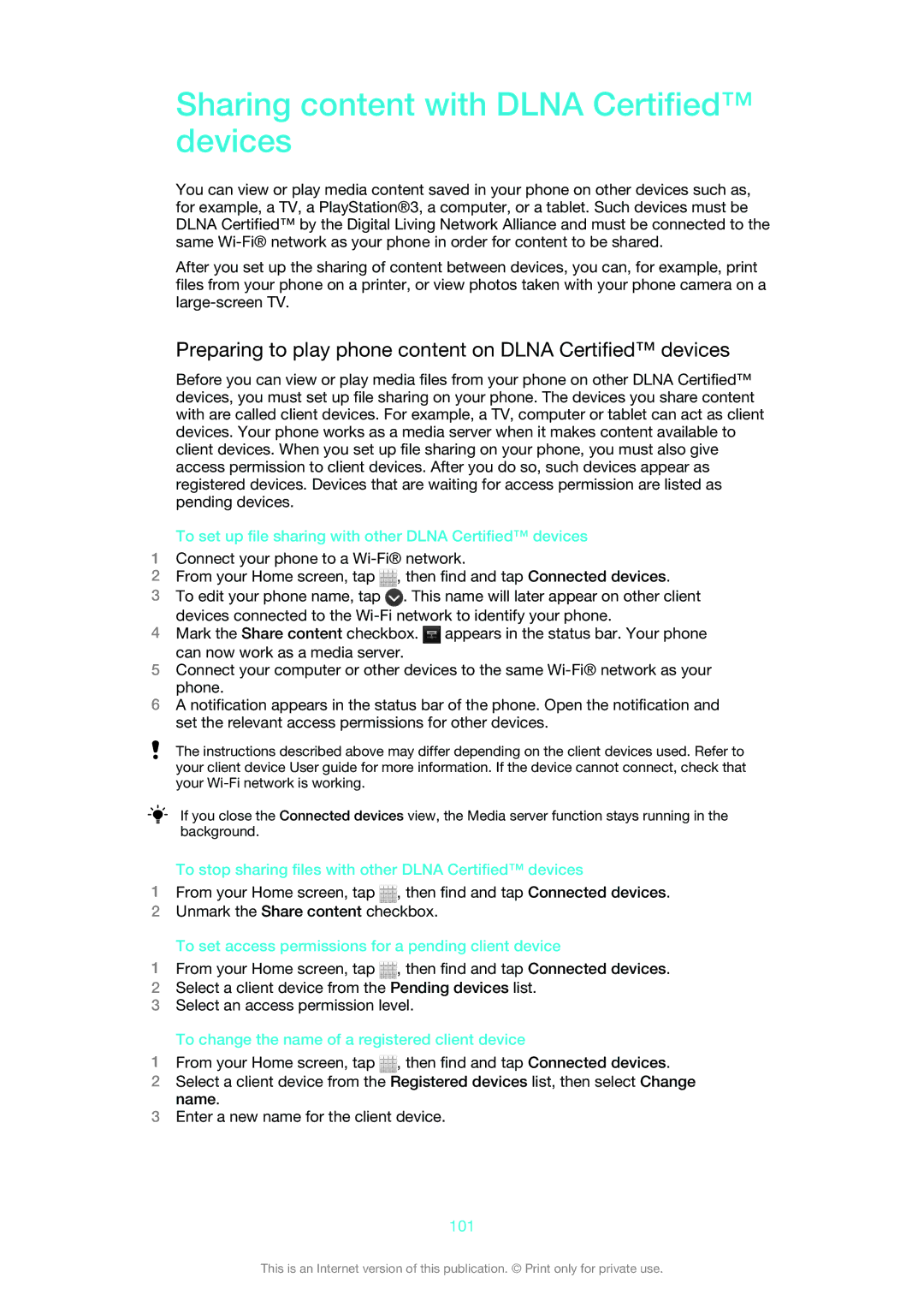 Sony 1265-2576 Sharing content with Dlna Certified devices, Preparing to play phone content on Dlna Certified devices 