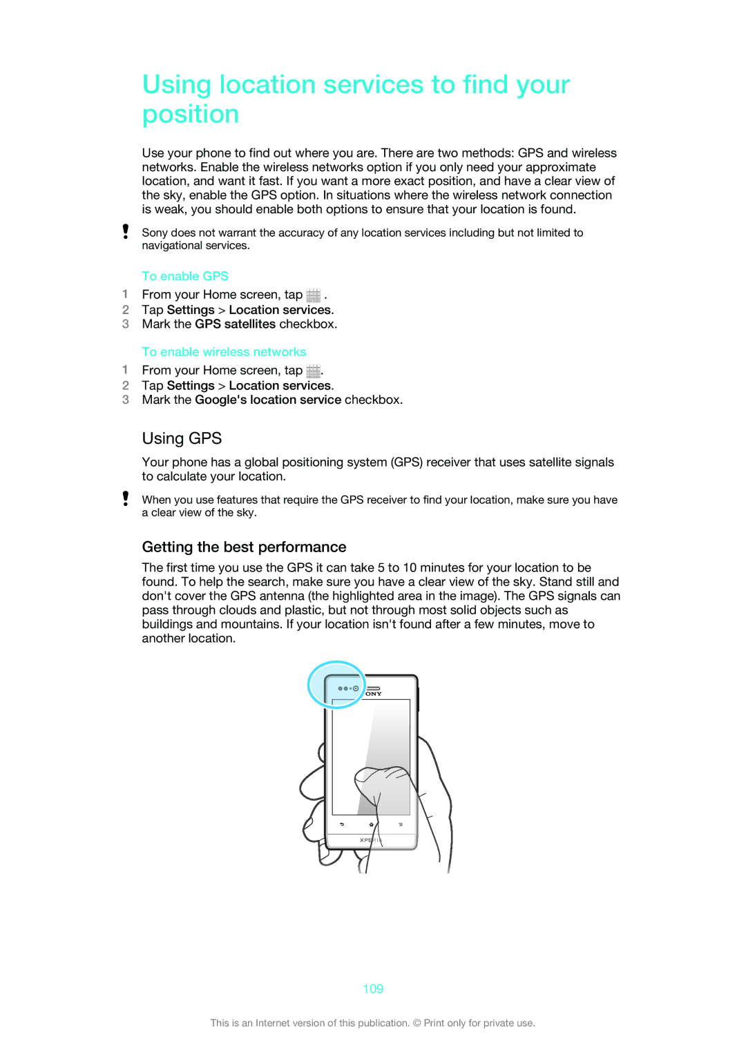 Sony 1265-2575, 1265-2574, 1265-2576 Using location services to find your position, Using GPS, Getting the best performance 