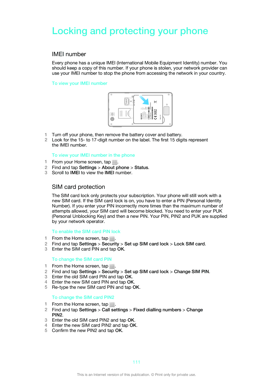 Sony 1265-2574, 1265-2575, 1265-2576 manual Locking and protecting your phone, Imei number, SIM card protection 