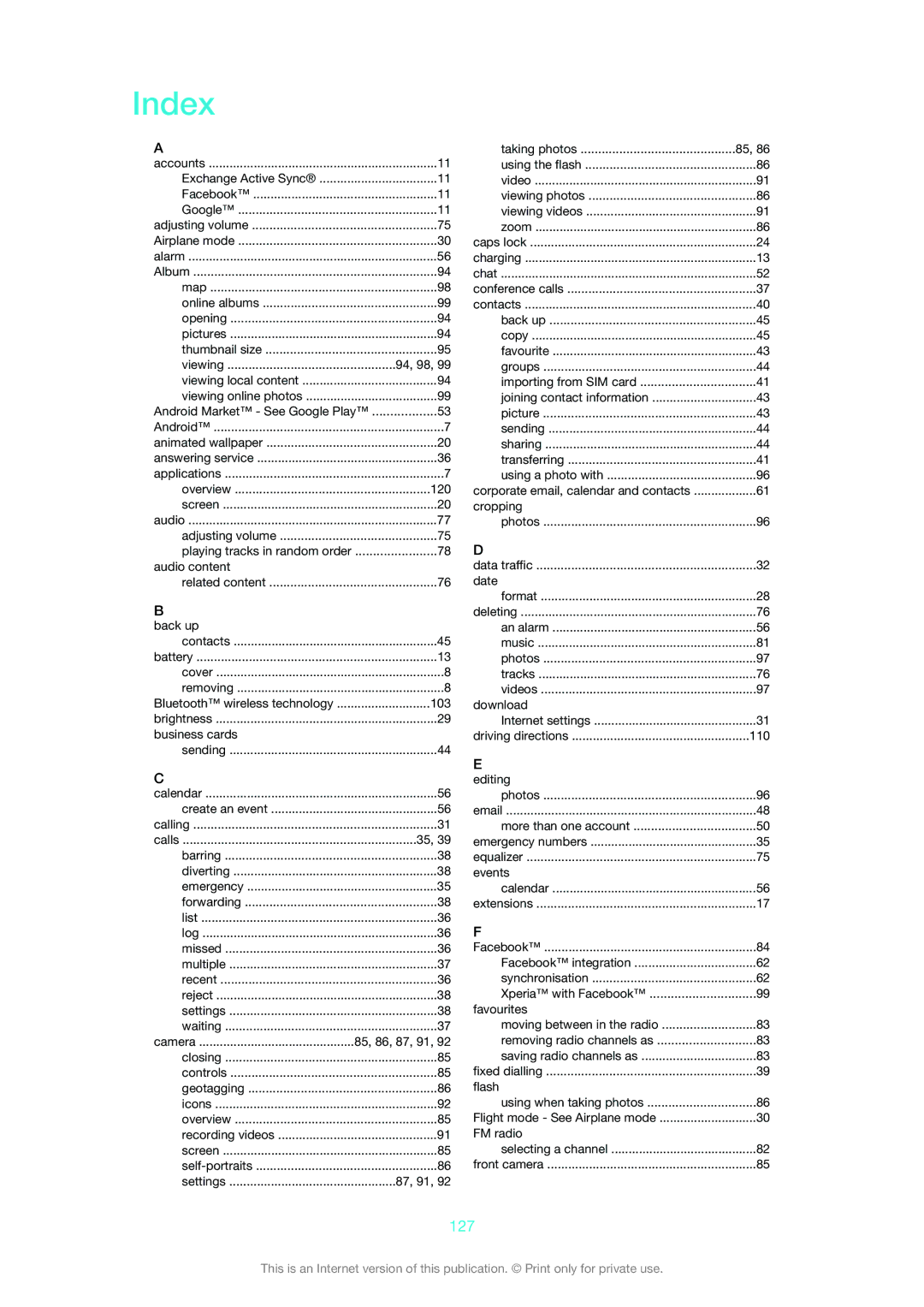 Sony 1265-2575, 1265-2574, 1265-2576 manual Index, 127 