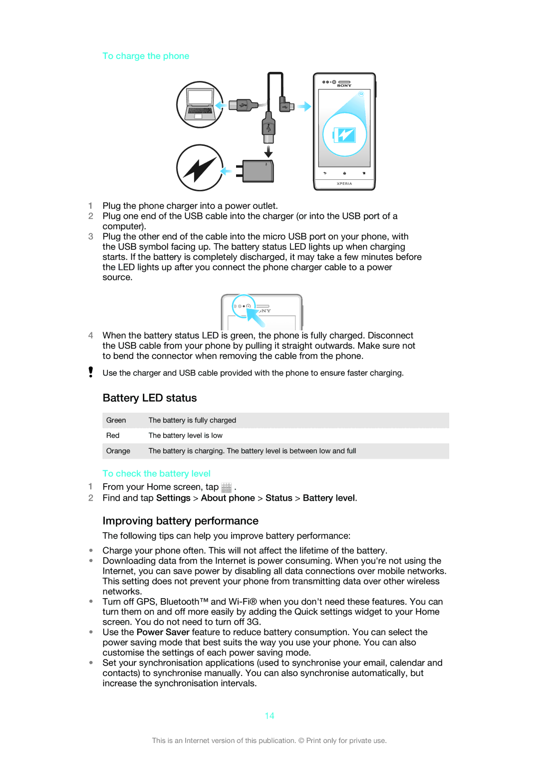 Sony 1265-2576 manual Battery LED status, Improving battery performance, To charge the phone, To check the battery level 