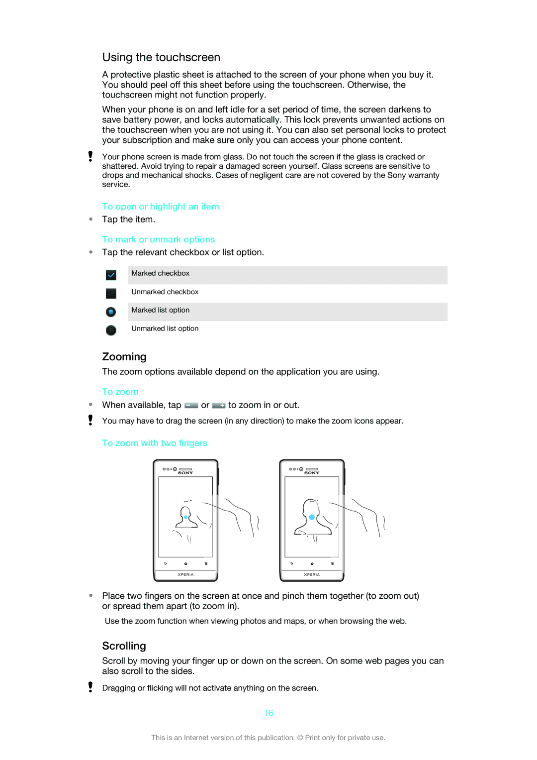 Sony 1265-2575, 1265-2574, 1265-2576 manual Using the touchscreen, Zooming, Scrolling 