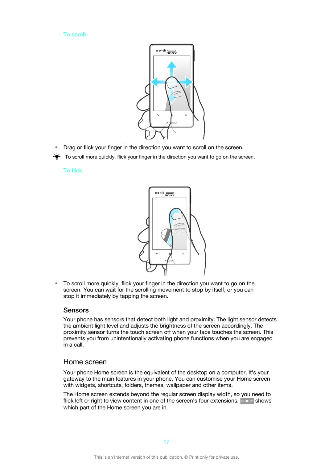 Sony 1265-2576, 1265-2574, 1265-2575 manual Home screen, Sensors, To scroll, To flick 